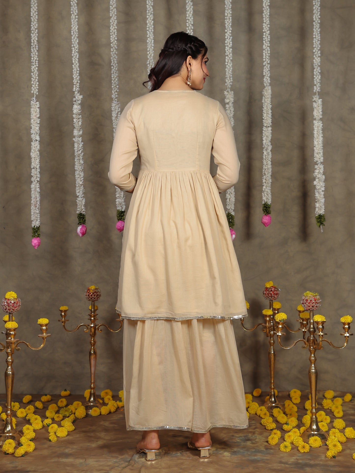 Embroidered Cotton Voile Solid Flared Beige Kurta