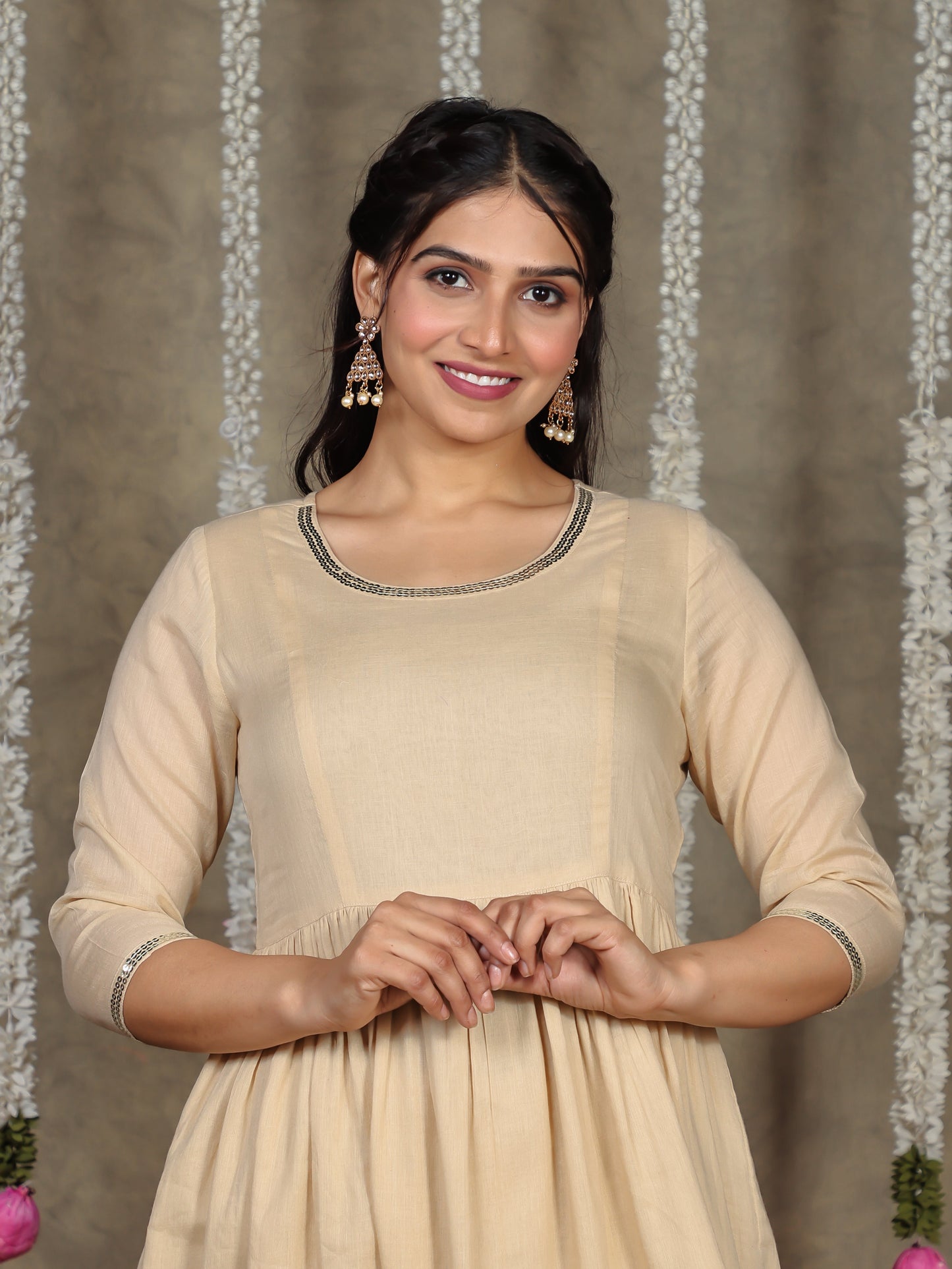 Embroidered Cotton Voile Solid Flared Beige Kurta