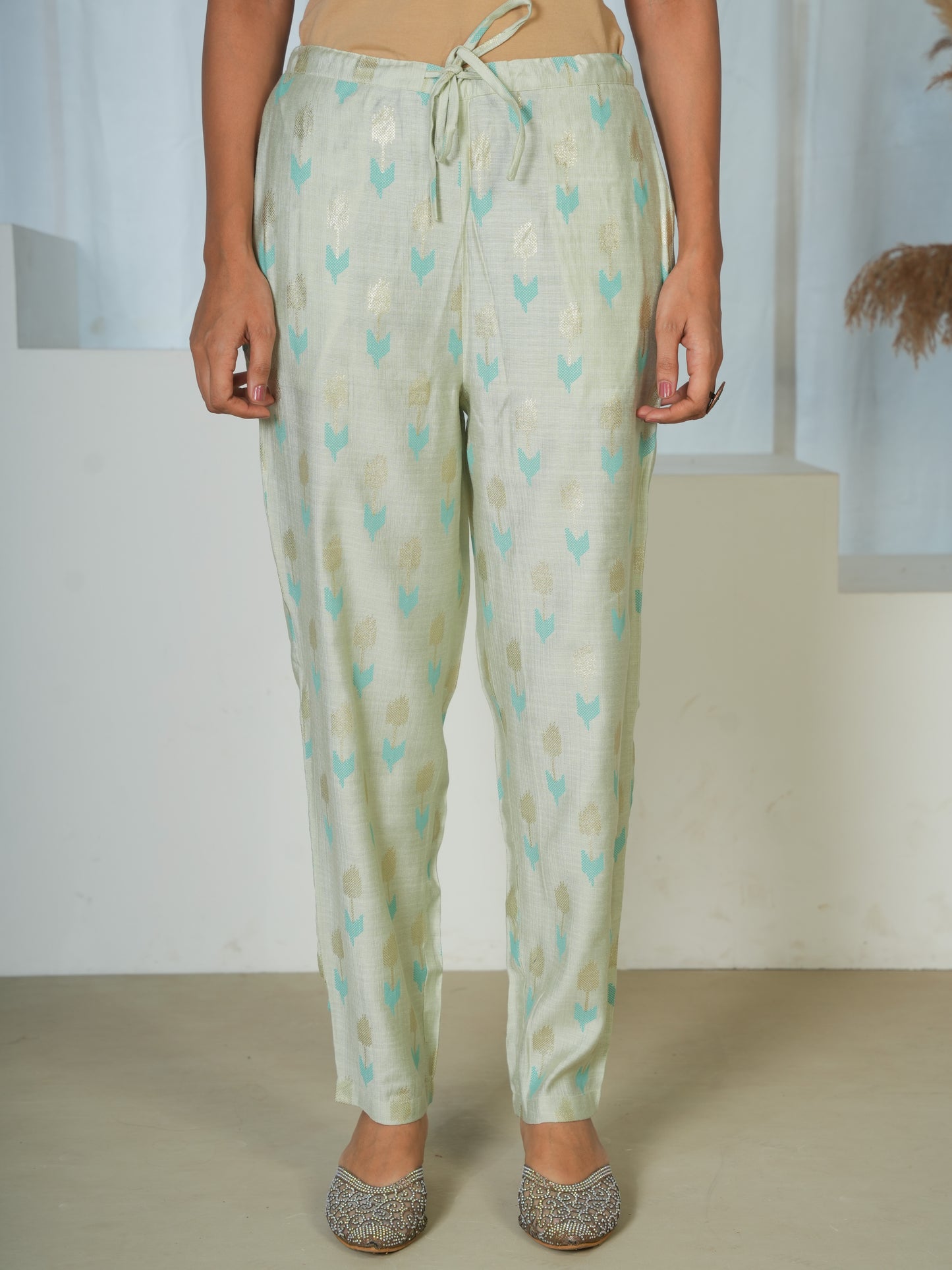 Chanderi Geometric Mint Green Tapered Tapered Trousers