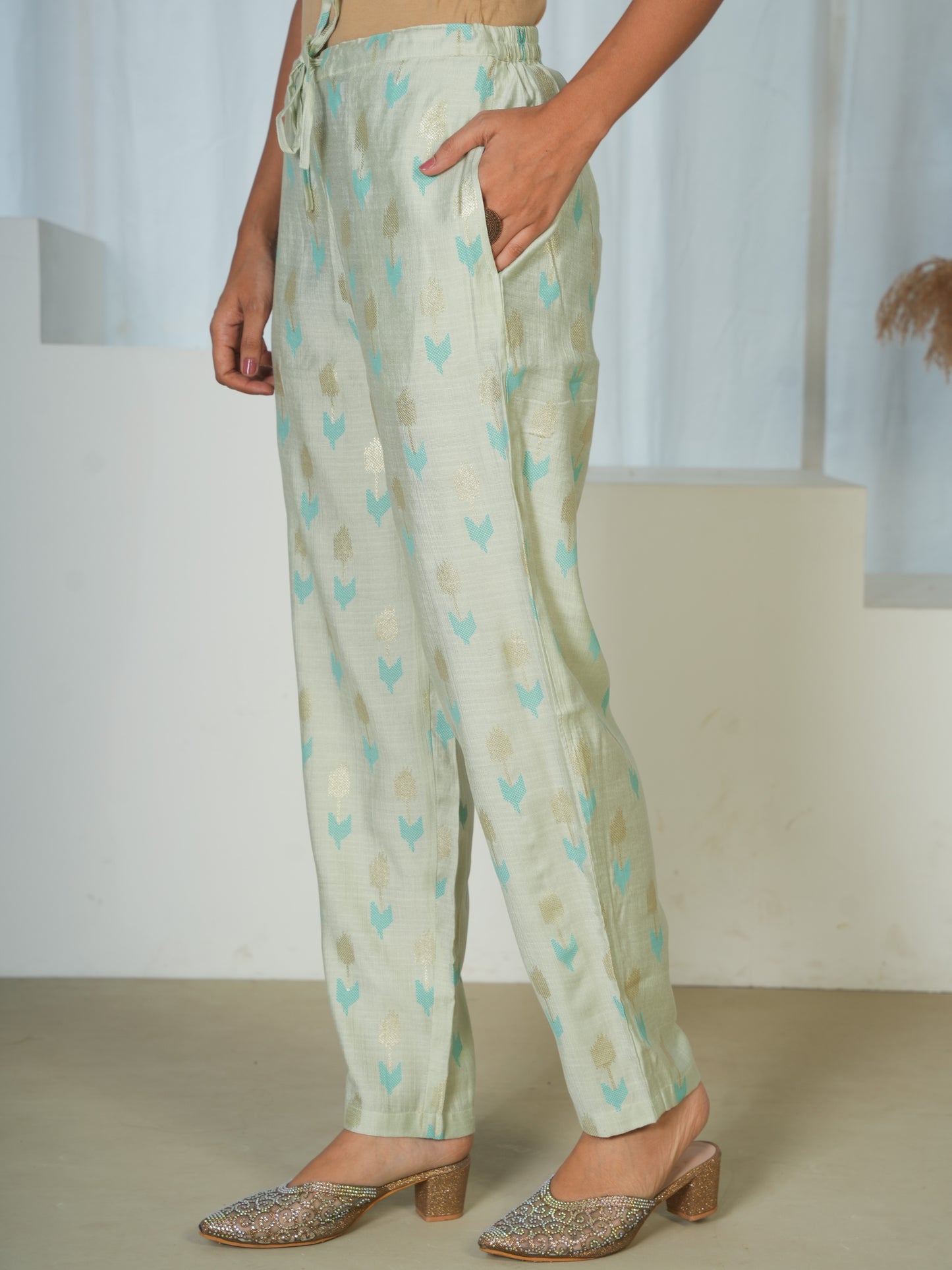 Chanderi Geometric Mint Green Tapered Tapered Trousers