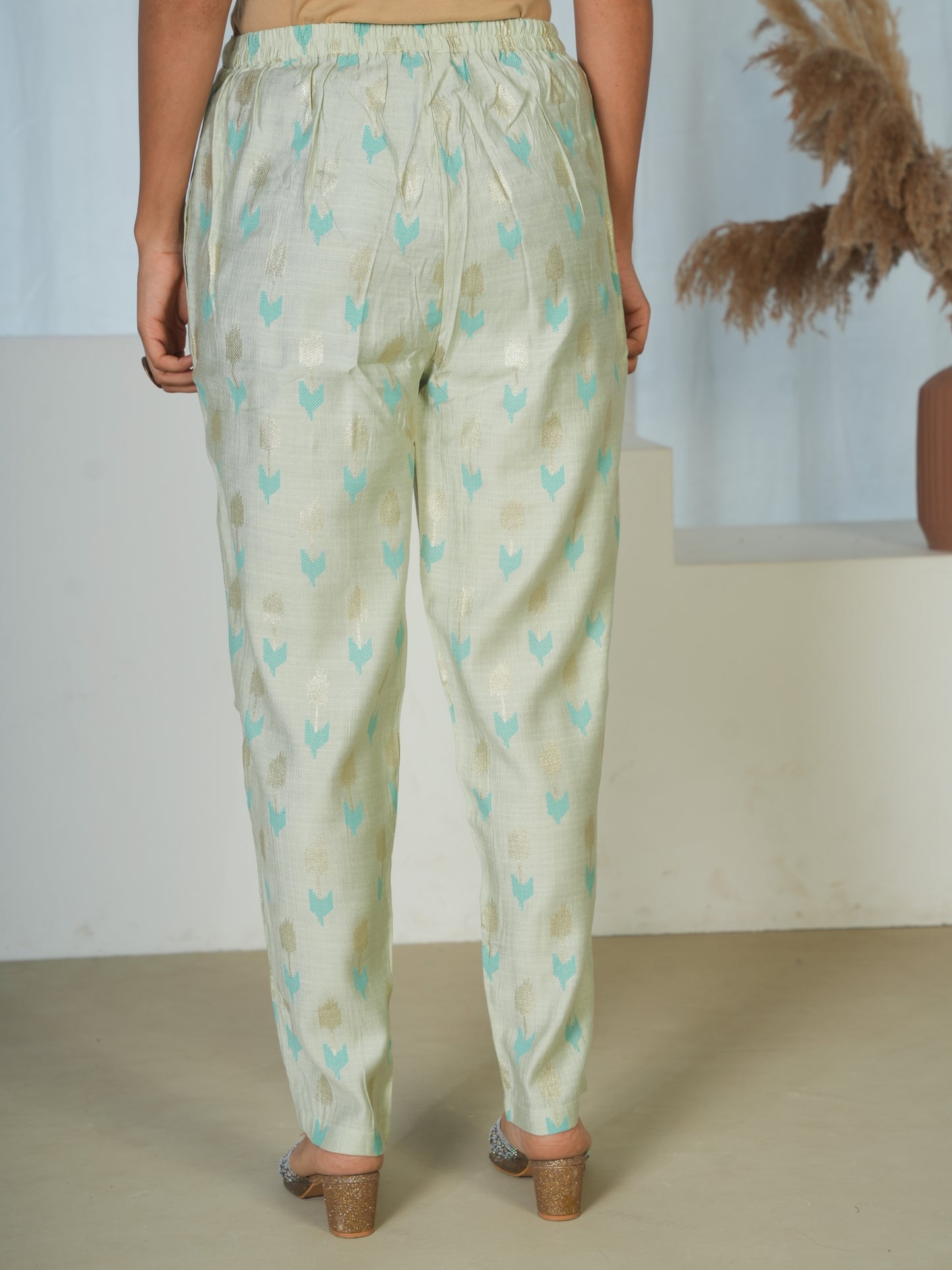 Chanderi Geometric Mint Green Tapered Tapered Trousers
