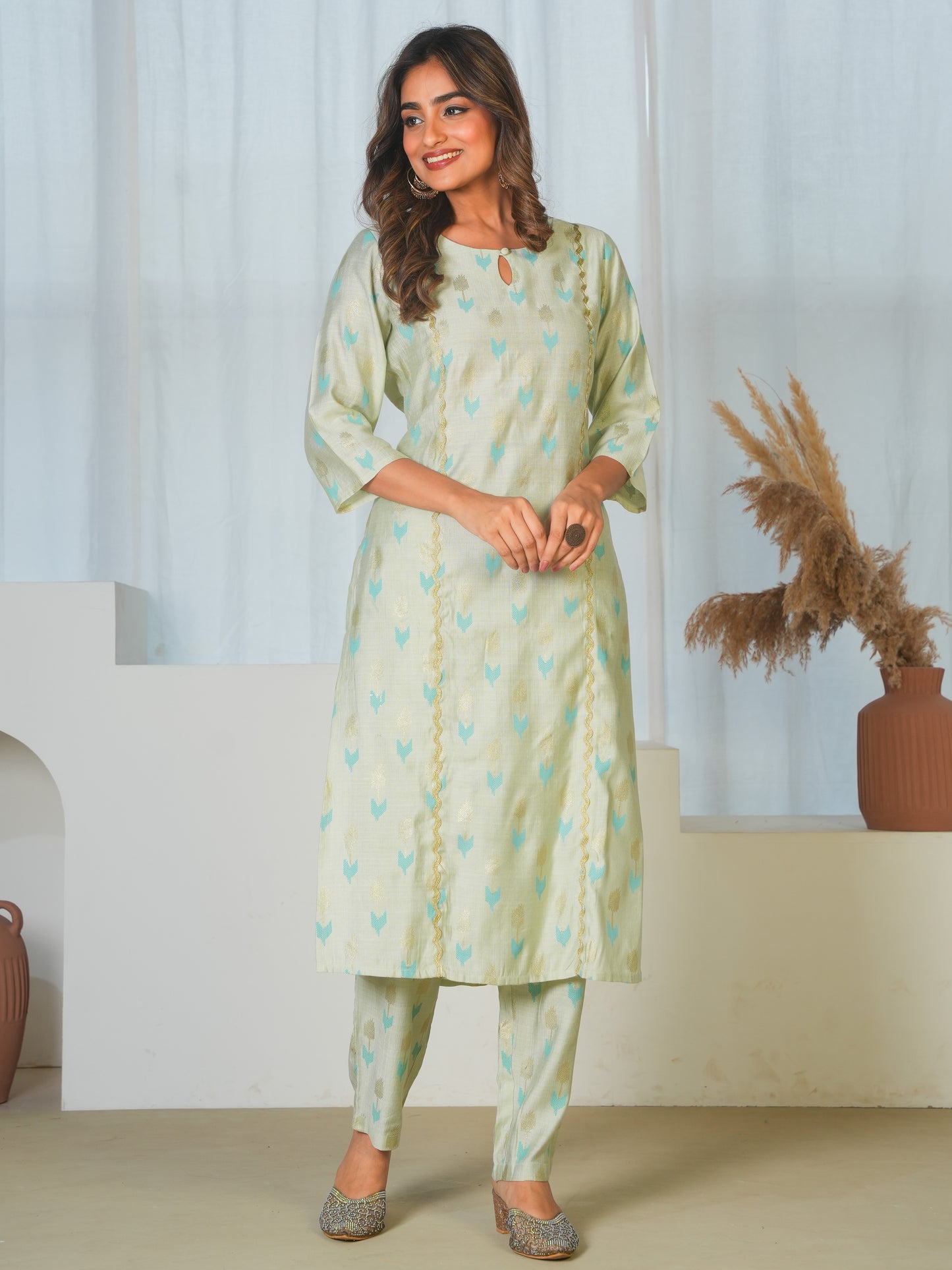 Chanderi Geometric A-line Mint Green Kurta