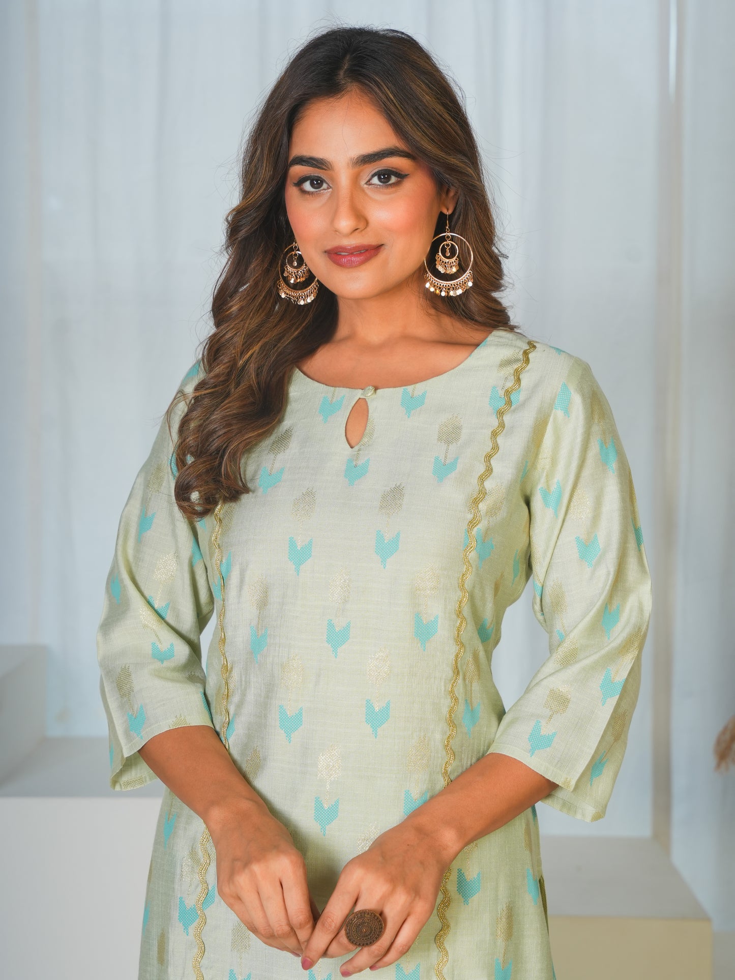 Chanderi Geometric A-line Mint Green Kurta