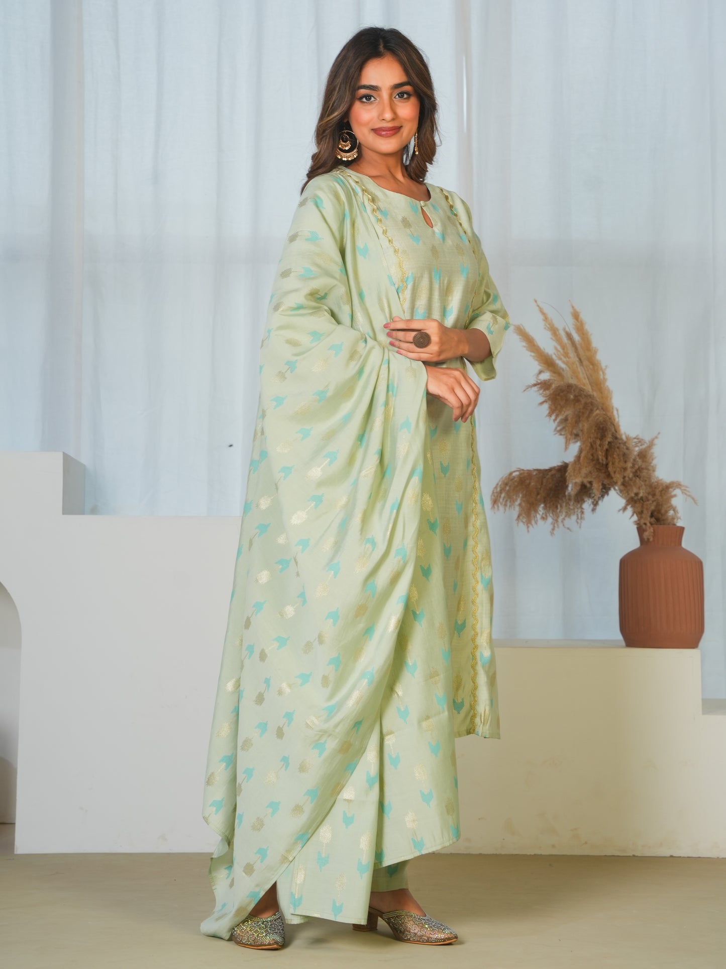 Chanderi Geometric A-line Mint Green Kurta