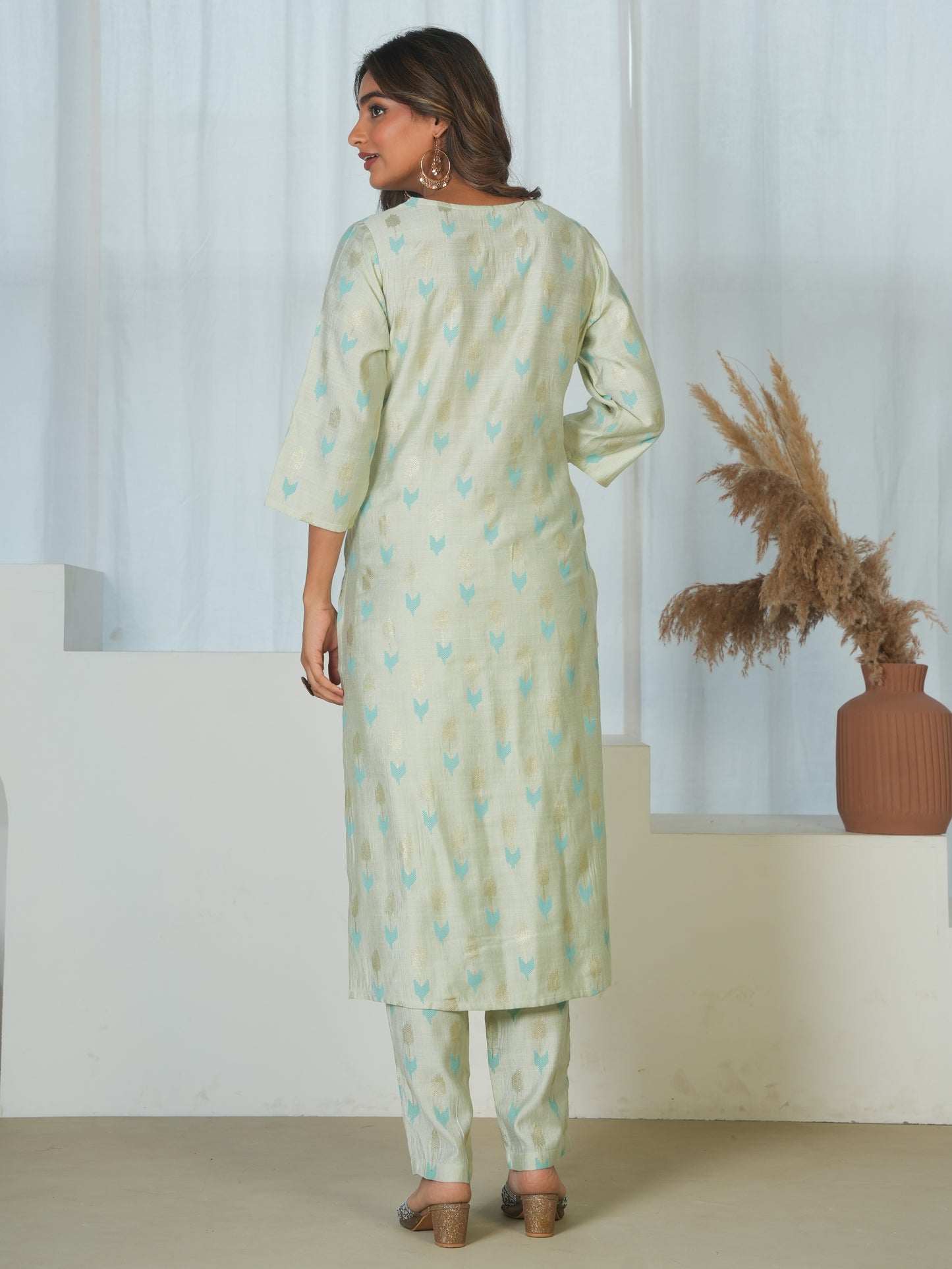 Chanderi Geometric A-line Mint Green Kurta