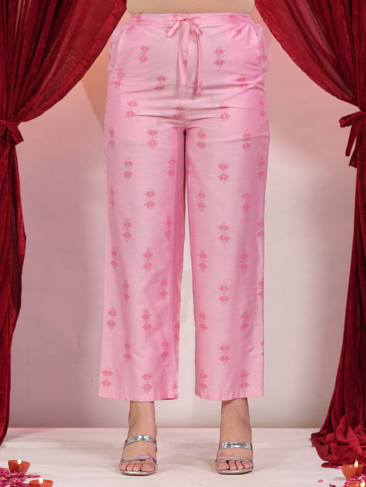 Chanderi Geometric Baby Pink Straight Trousers