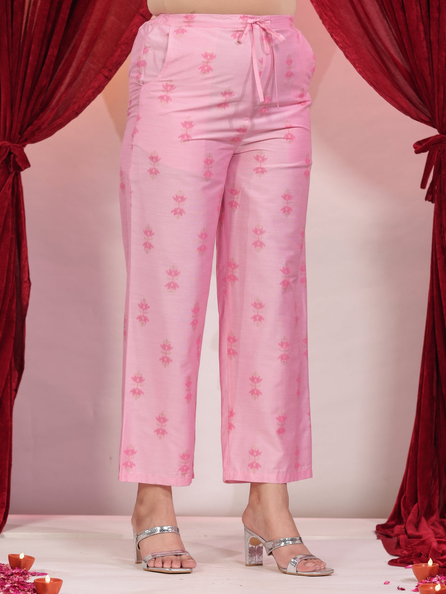 Chanderi Geometric Baby Pink Straight Trousers