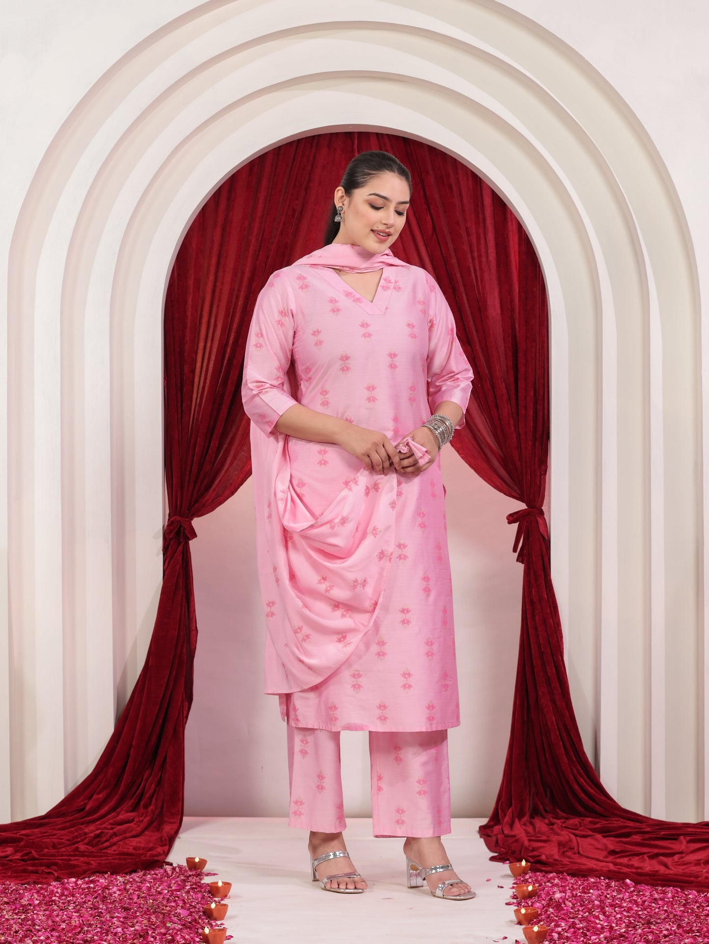Chanderi Geometric Baby Pink Dupatta