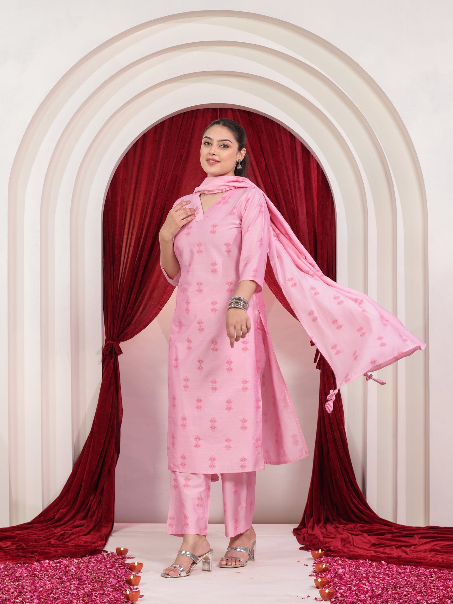Chanderi Geometric Baby Pink Dupatta