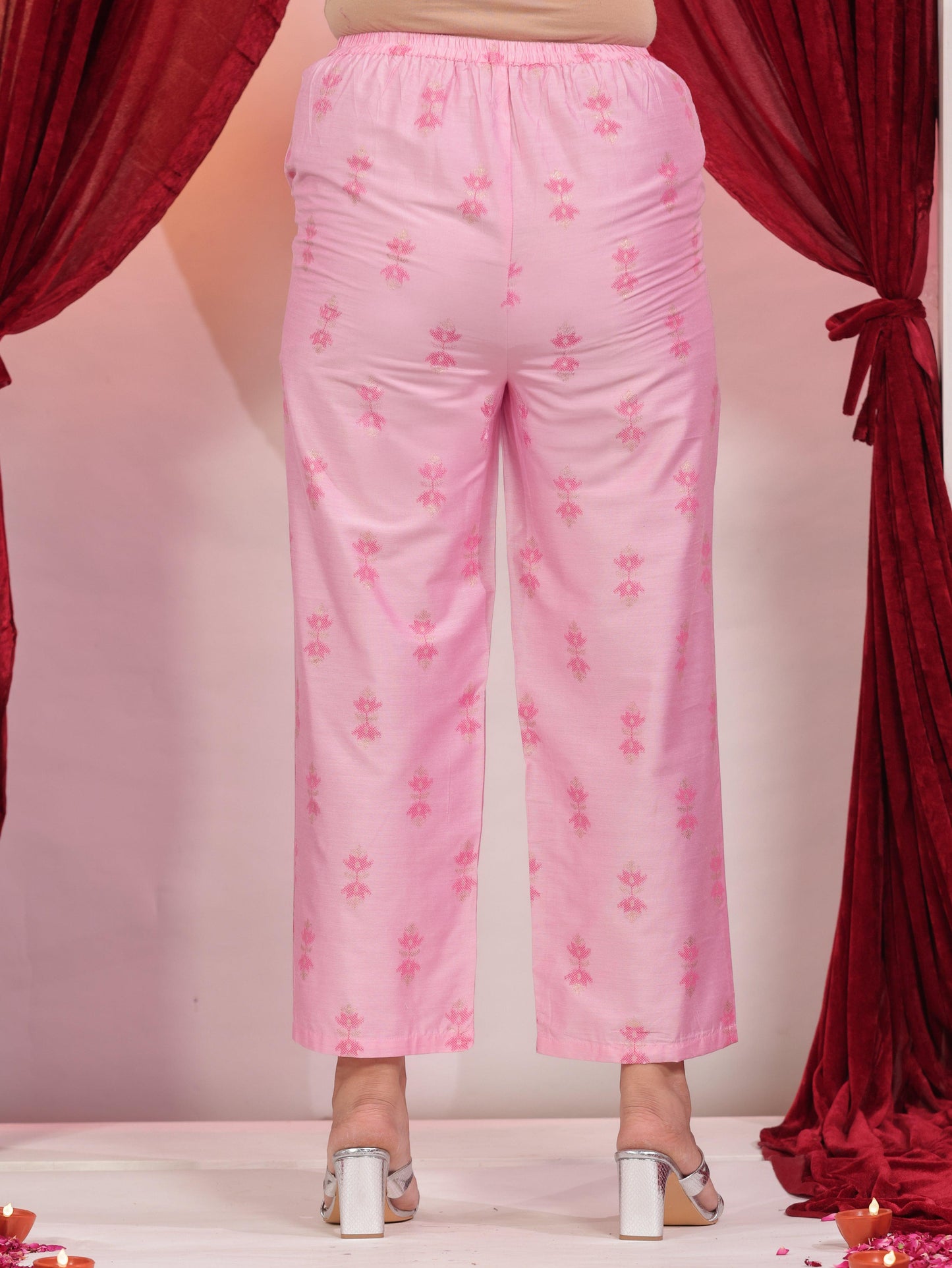 Roman silk Geometric A-line Baby Pink Kurta