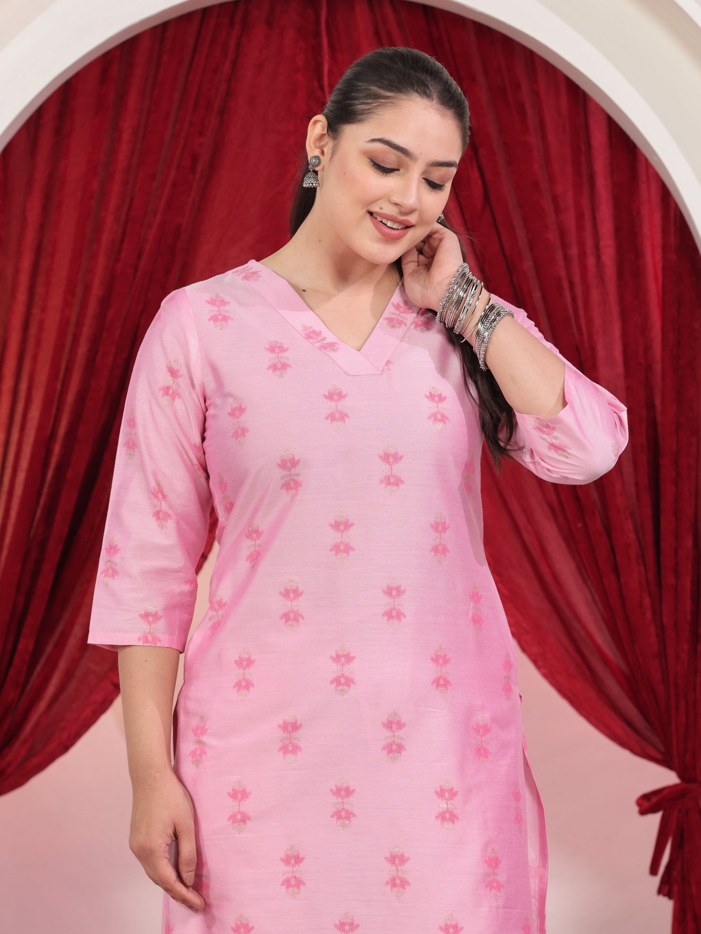 Roman silk Geometric A-line Baby Pink Kurta