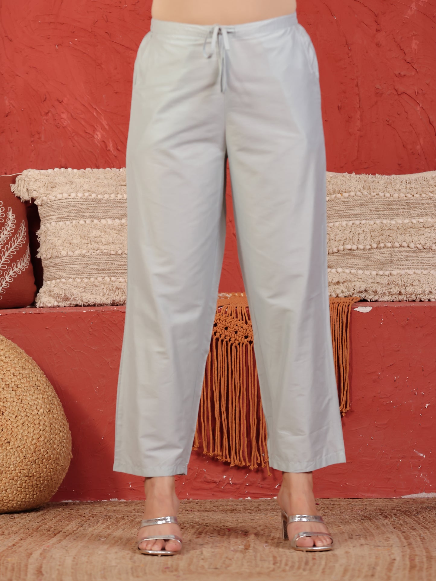 Satin Solid Blue Trousers Straight Trousers