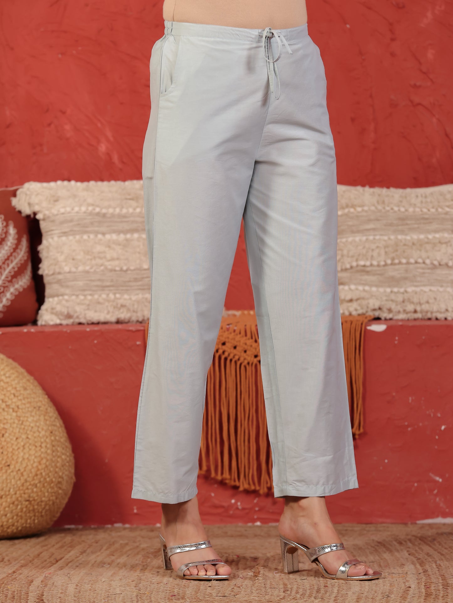 Satin Solid Blue Trousers Straight Trousers