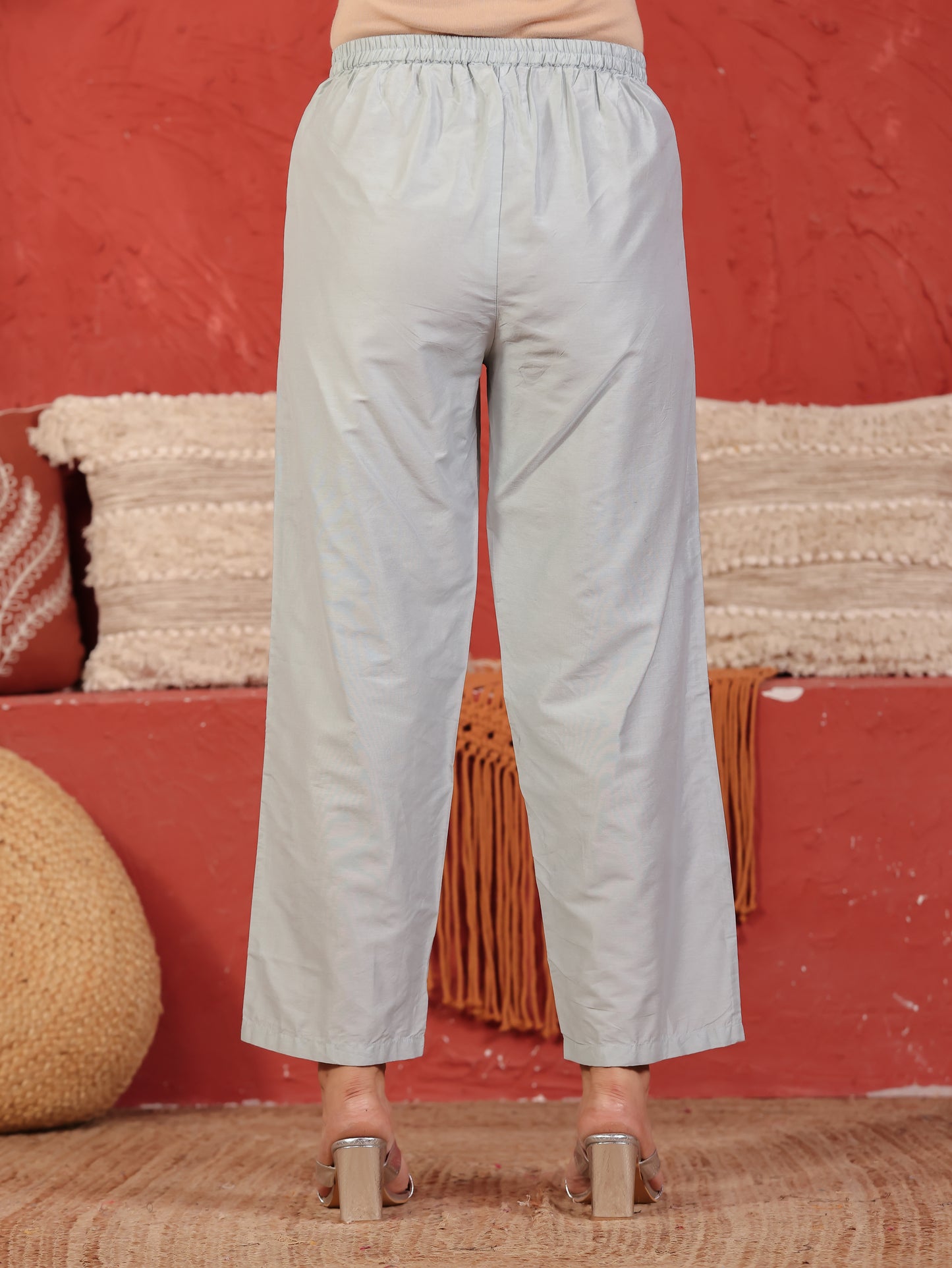 Satin Solid Blue Trousers Straight Trousers