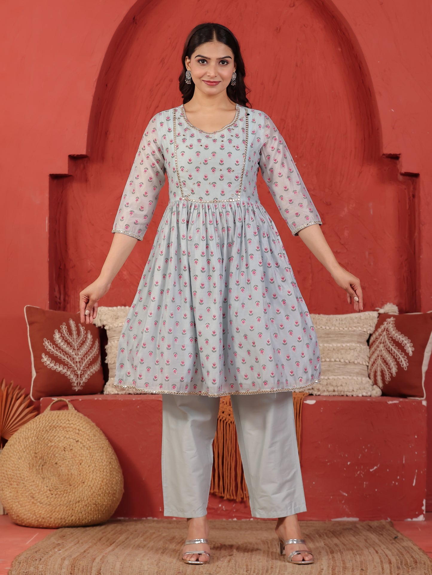 Embroidered Chanderi Floral Flared Blue Kurta