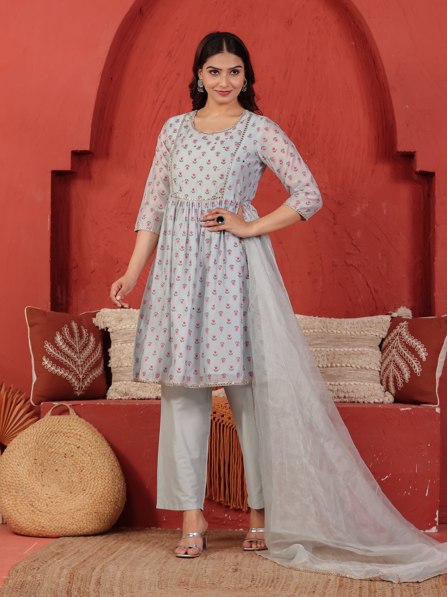 Embroidered Chanderi Floral Flared Blue Kurta