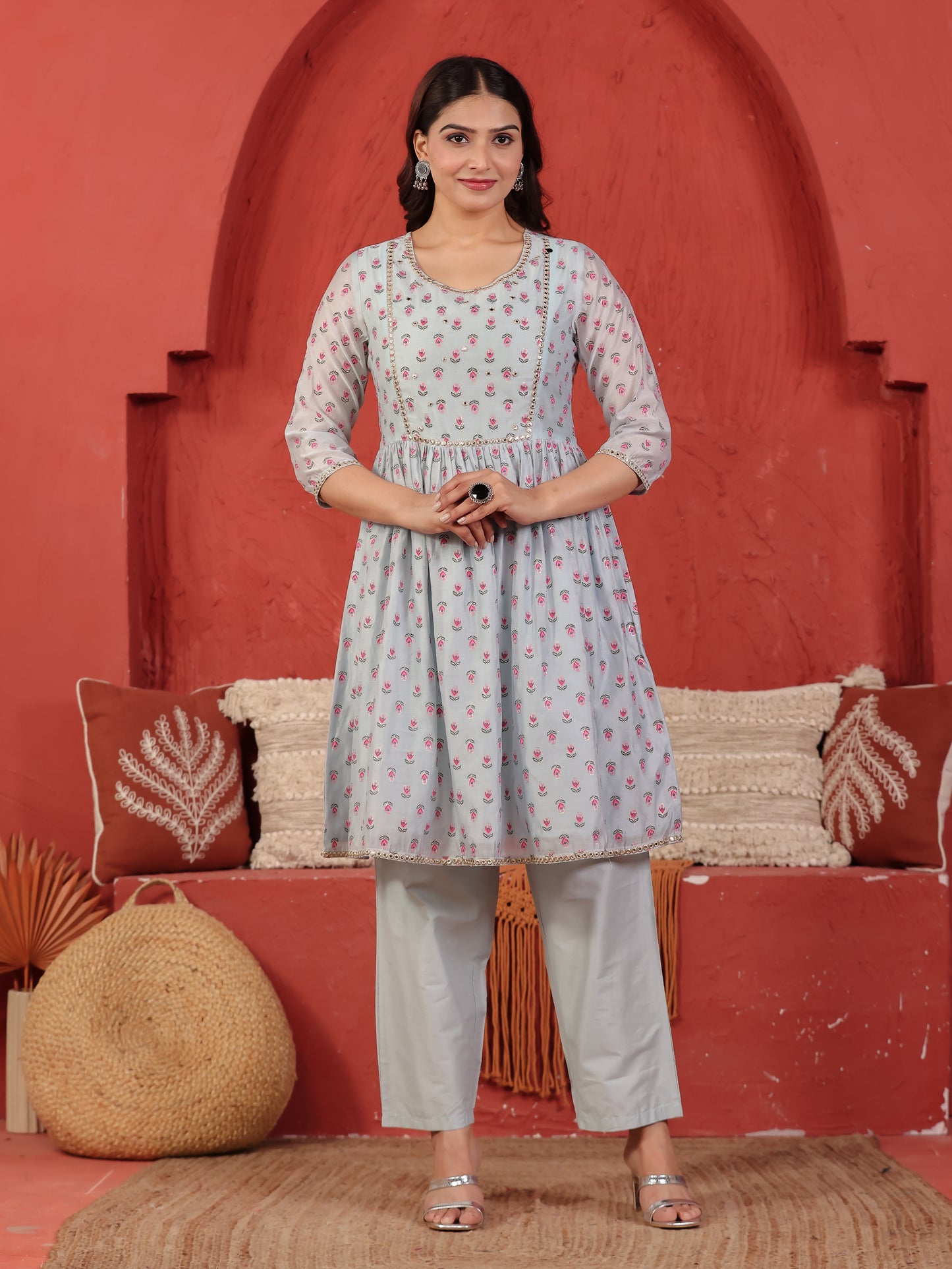 Embroidered Chanderi Floral Flared Blue Kurta