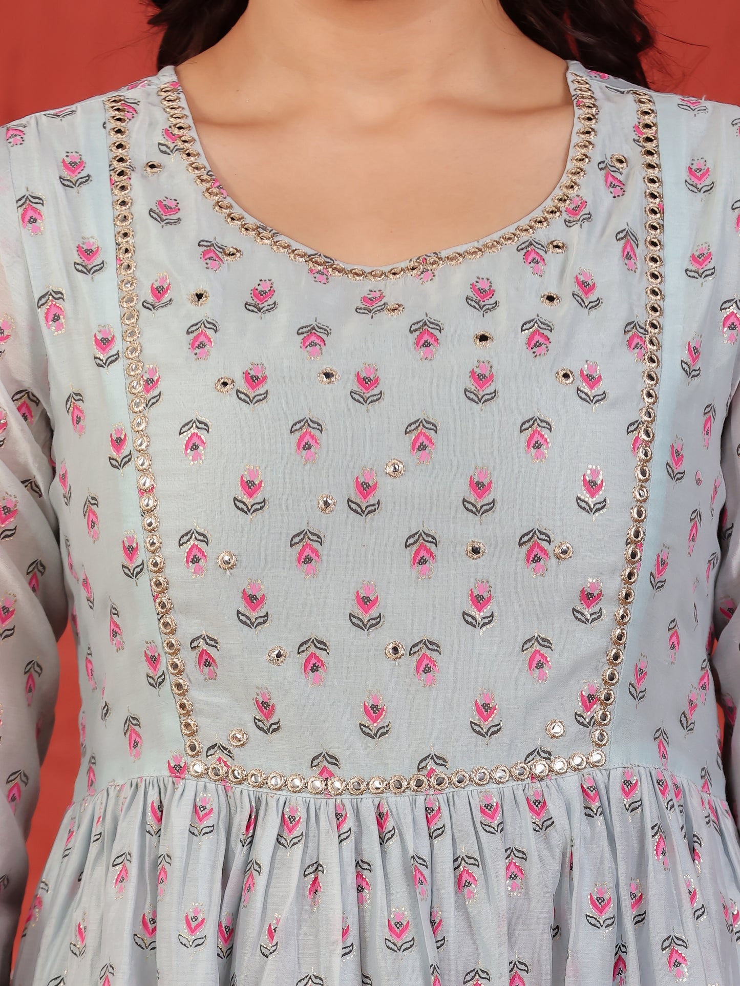 Embroidered Chanderi Floral Flared Blue Kurta