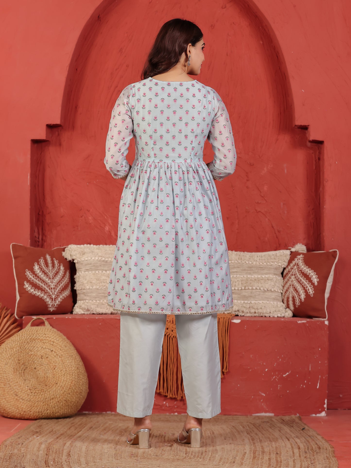 Embroidered Chanderi Floral Flared Blue Kurta