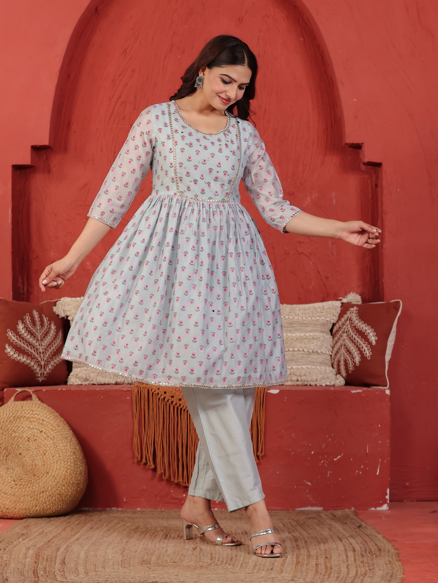 Embroidered Chanderi Floral Flared Blue Kurta