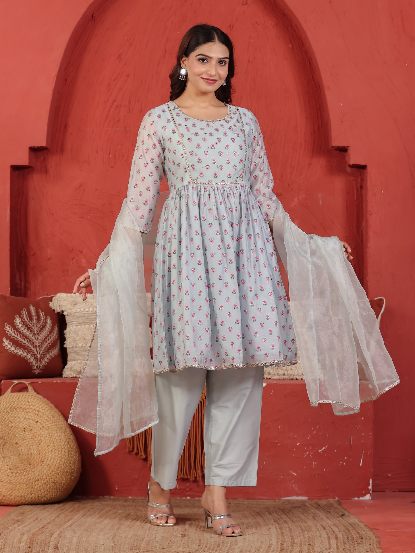 Embroidered Chanderi Floral Flared Blue Kurta
