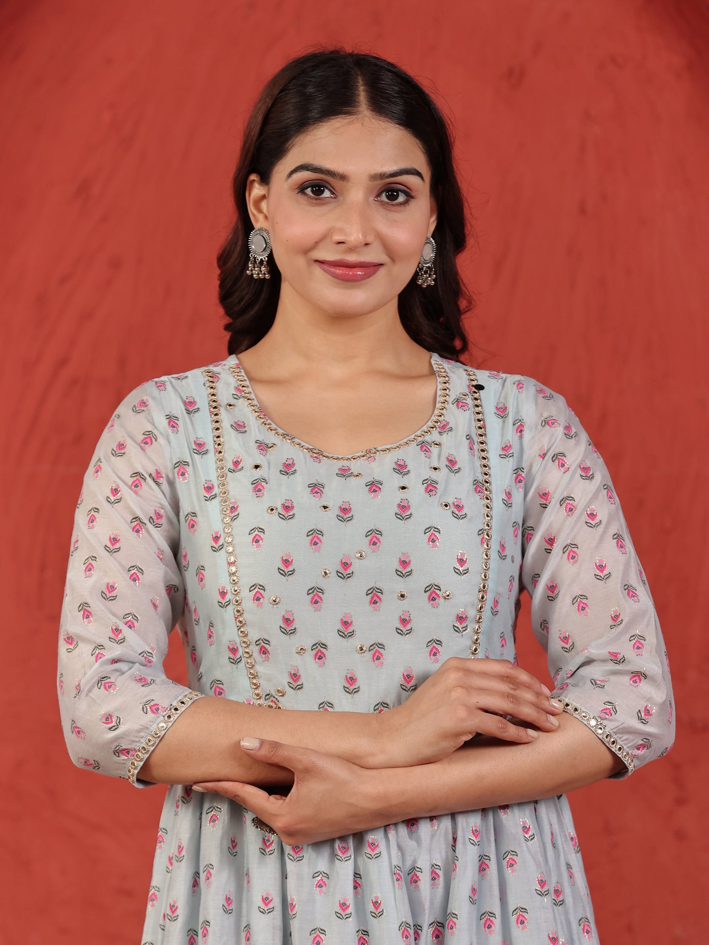 Embroidered Chanderi Floral Flared Blue Kurta