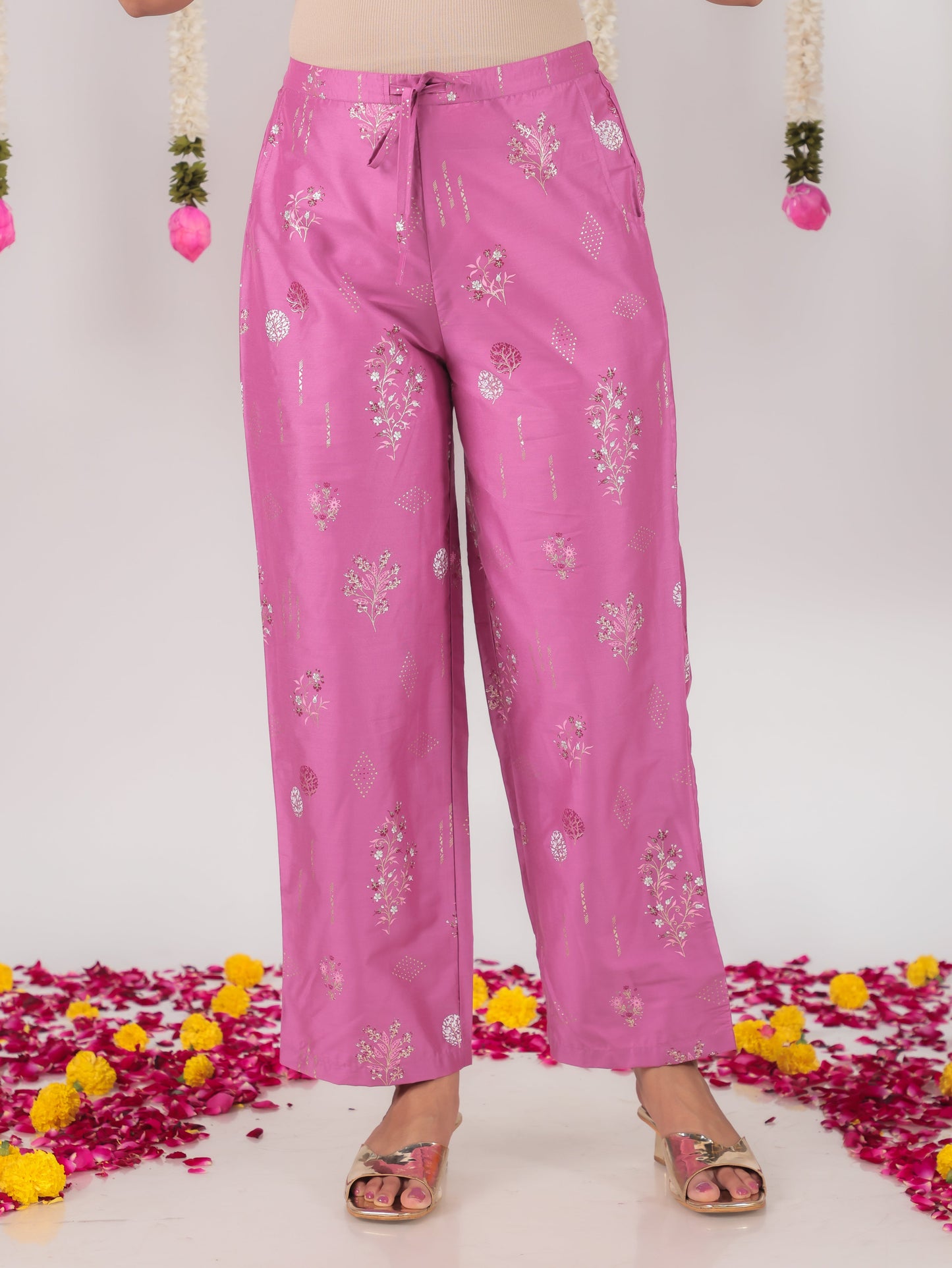 Chanderi Floral Purple Straight Trousers