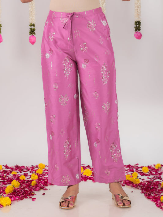 Chanderi Floral Purple Straight Trousers