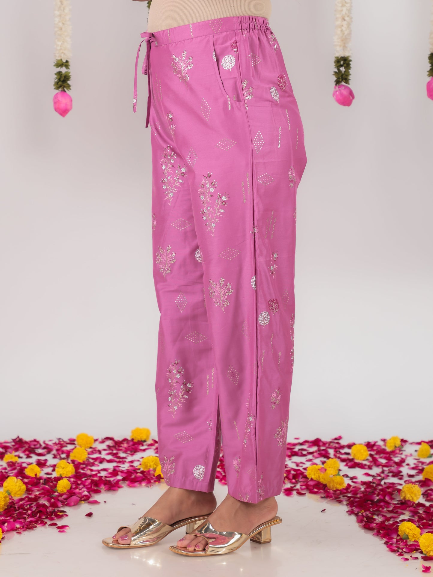 Chanderi Floral Purple Straight Trousers
