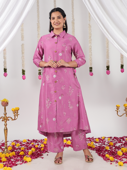 Roman silk Floral High Low Purple Kurta