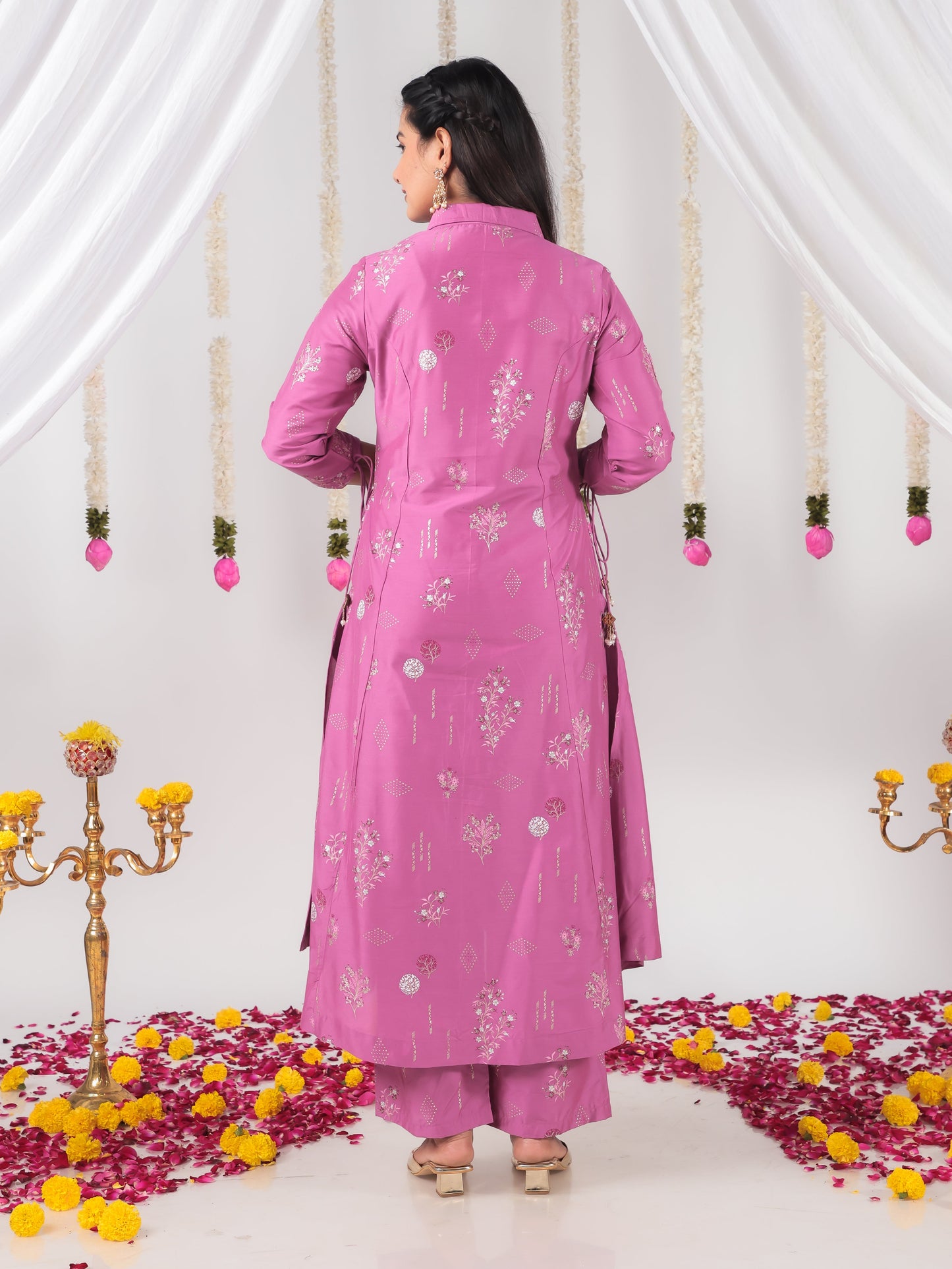 Roman silk Floral High Low Purple Kurta