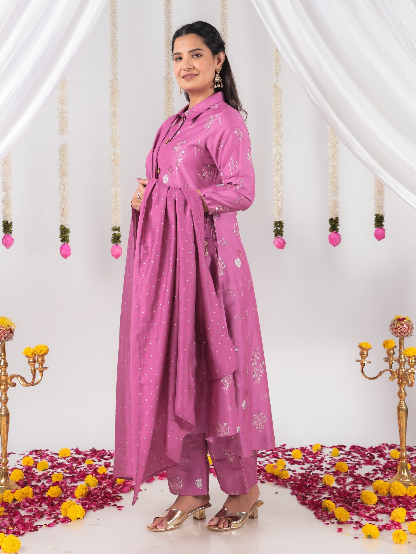 Roman silk Floral High Low Purple Kurta