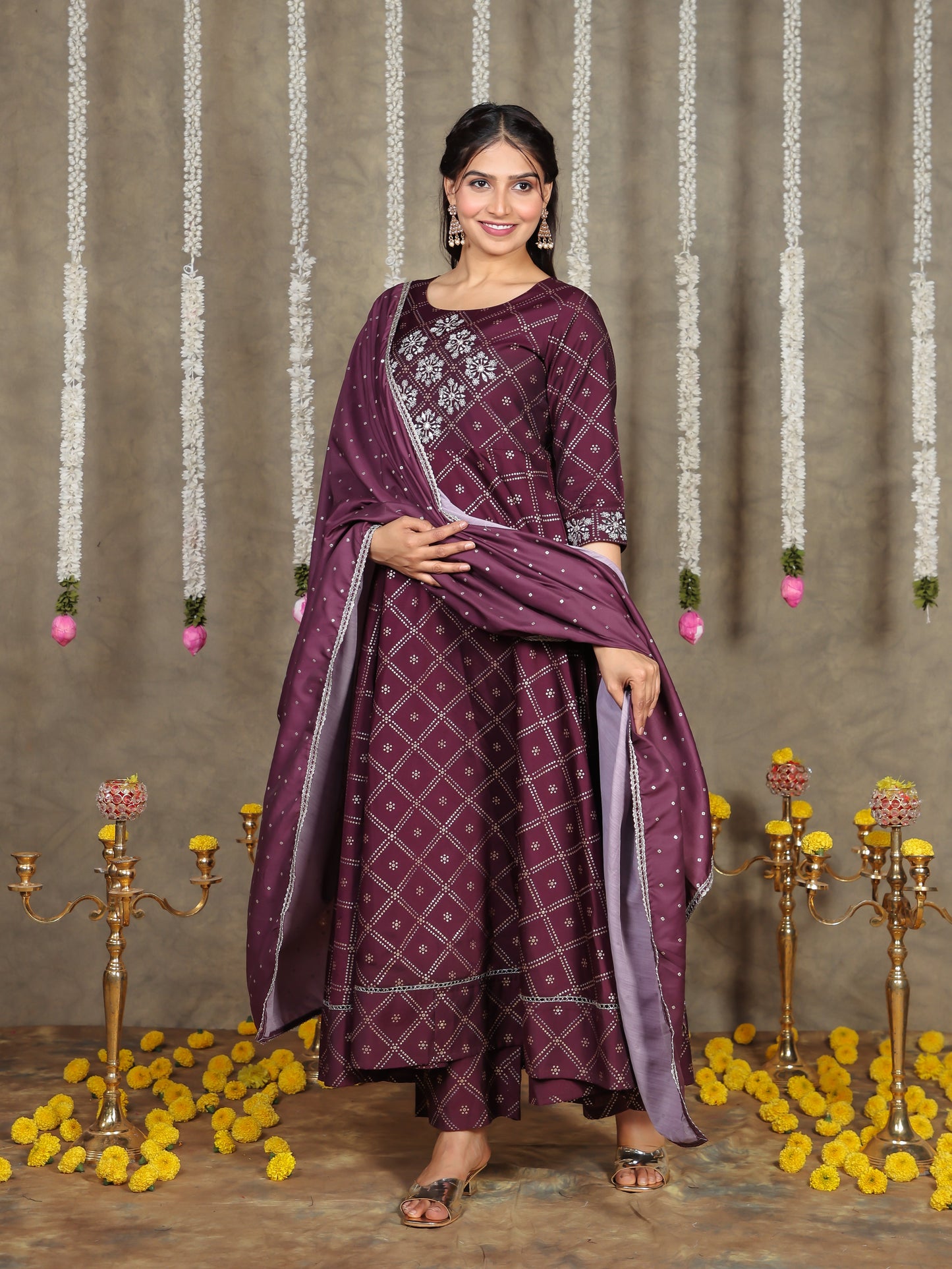 Embroidered Roman Silk Bandhani Flared Purple Kurta