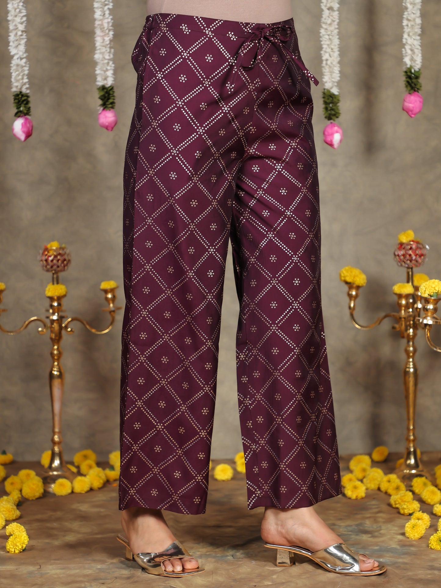Embroidered Roman Silk Bandhani Flared Purple Kurta