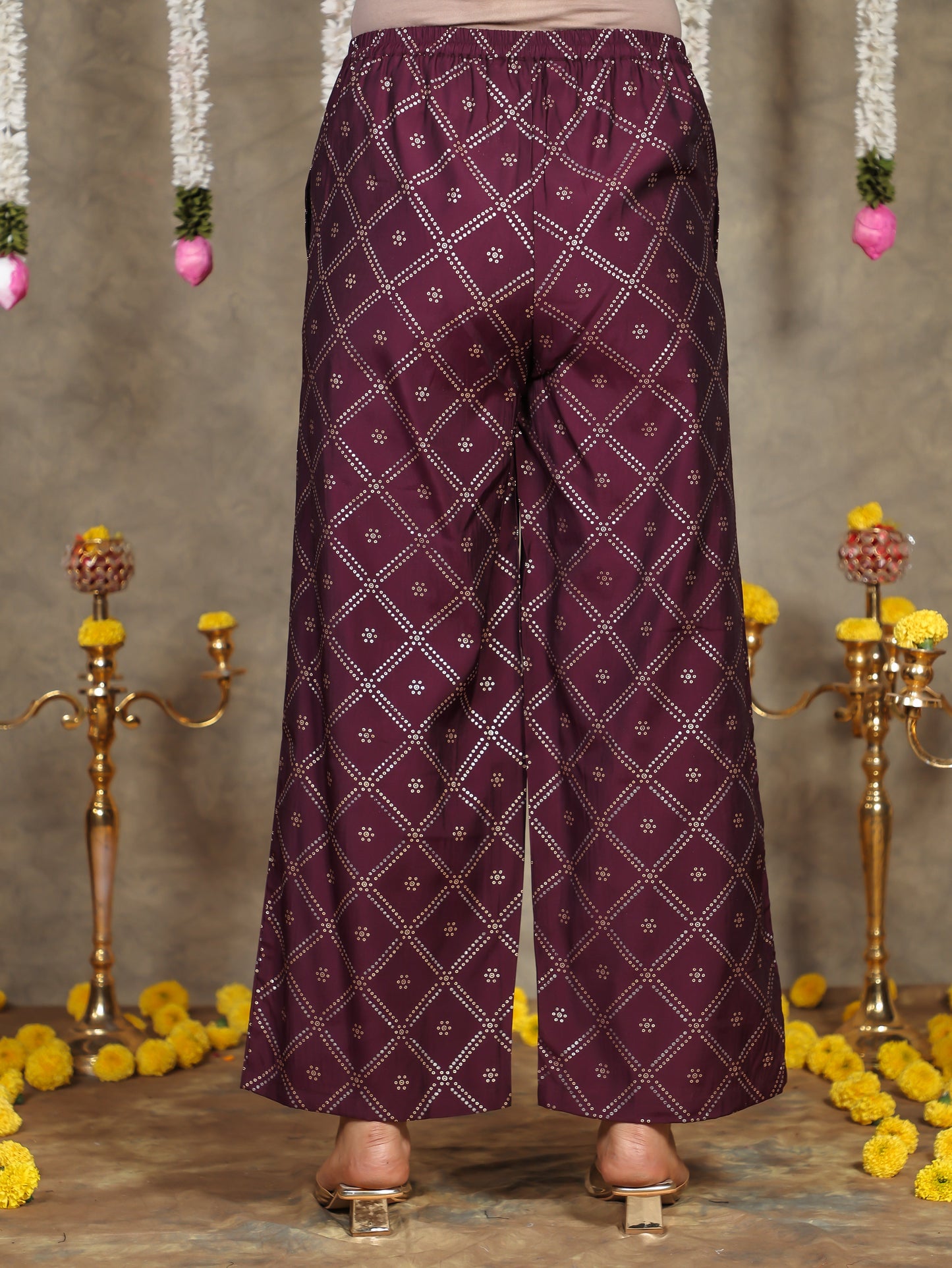 Embroidered Roman Silk Bandhani Flared Purple Kurta
