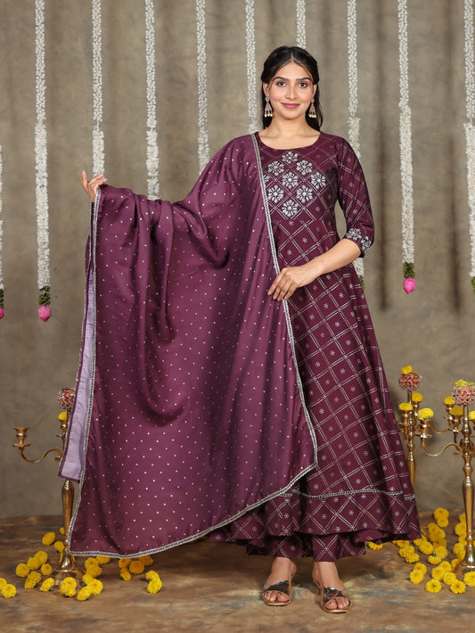 Embroidered Roman Silk Bandhani Flared Purple Kurta