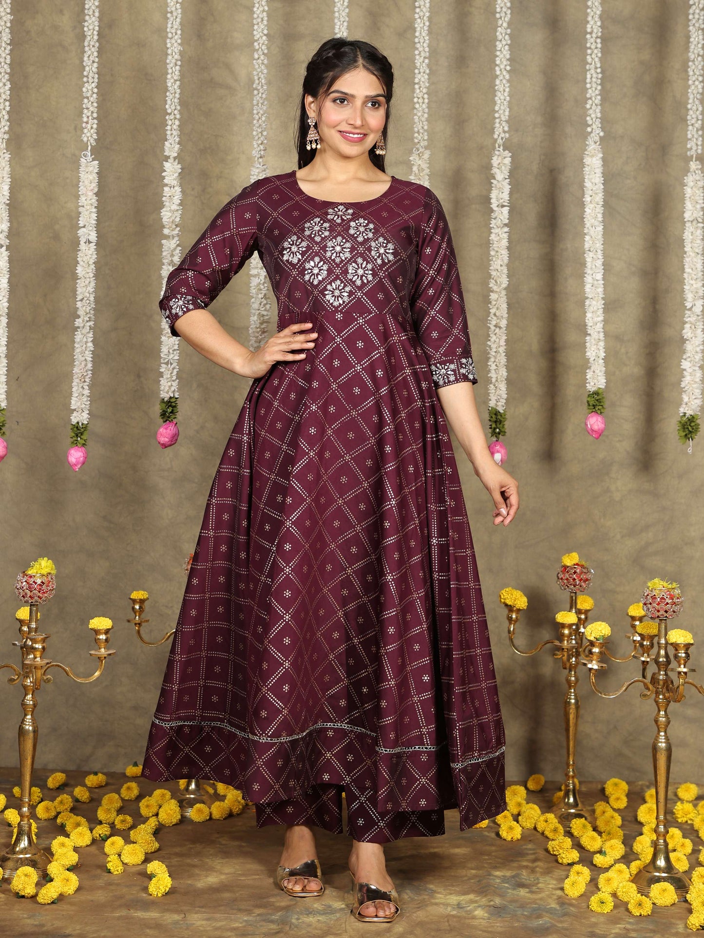 Embroidered Roman Silk Bandhani Flared Purple Kurta