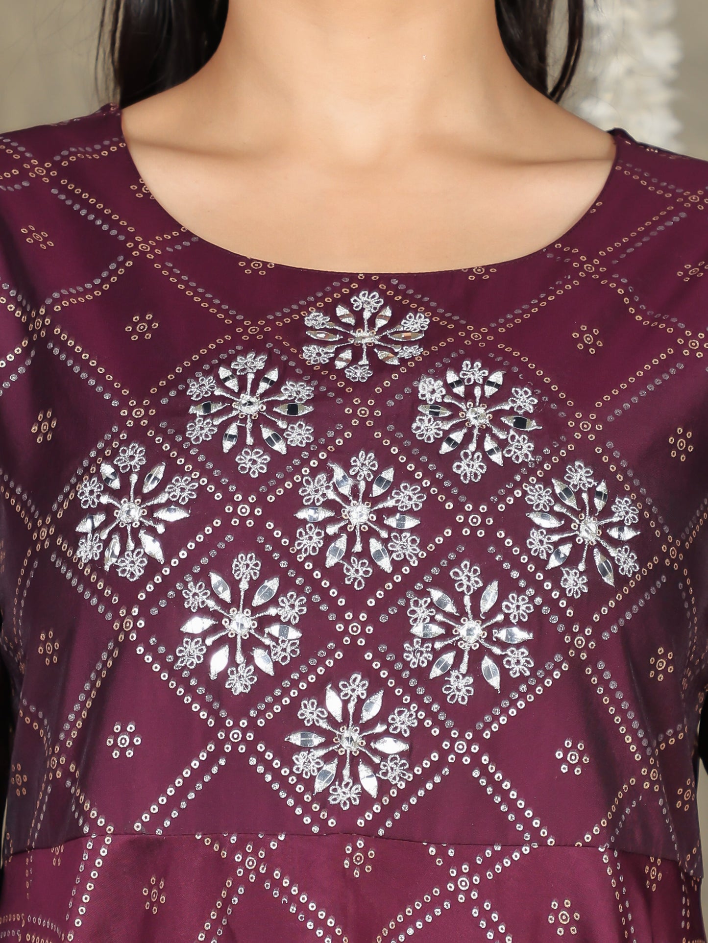 Embroidered Roman Silk Bandhani Flared Purple Kurta