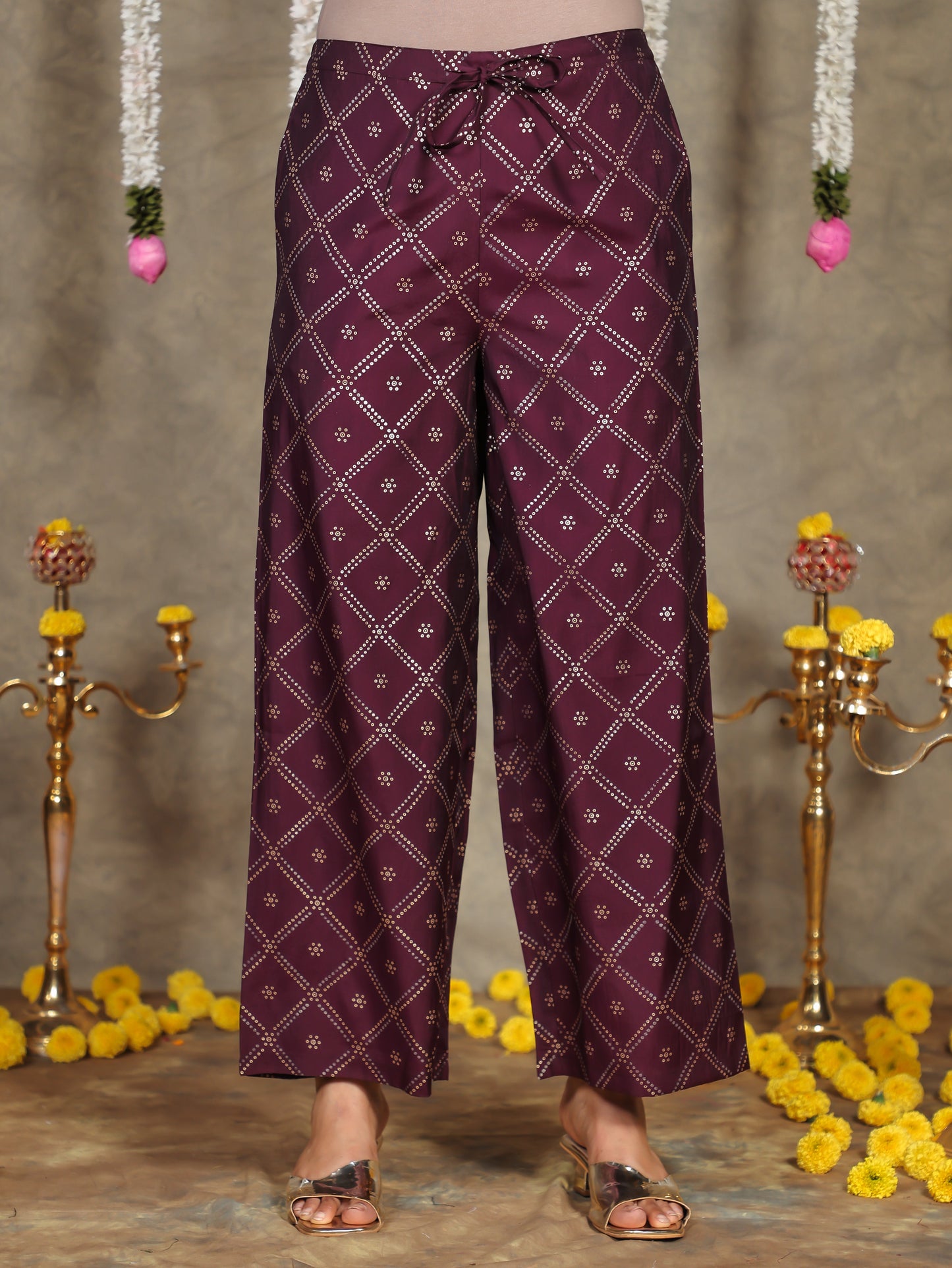 Embroidered Roman Silk Bandhani Flared Purple Kurta