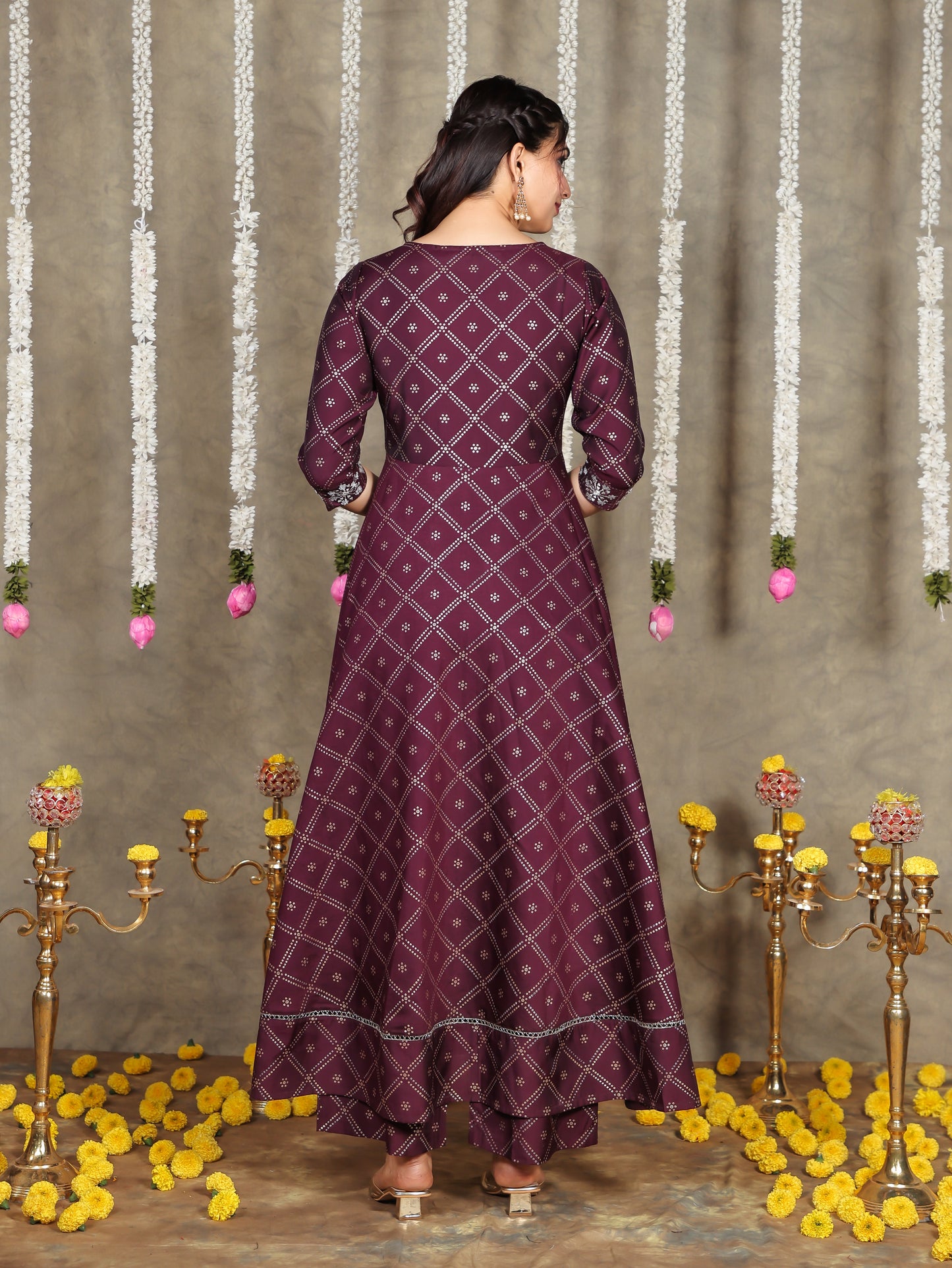 Embroidered Roman Silk Bandhani Flared Purple Kurta
