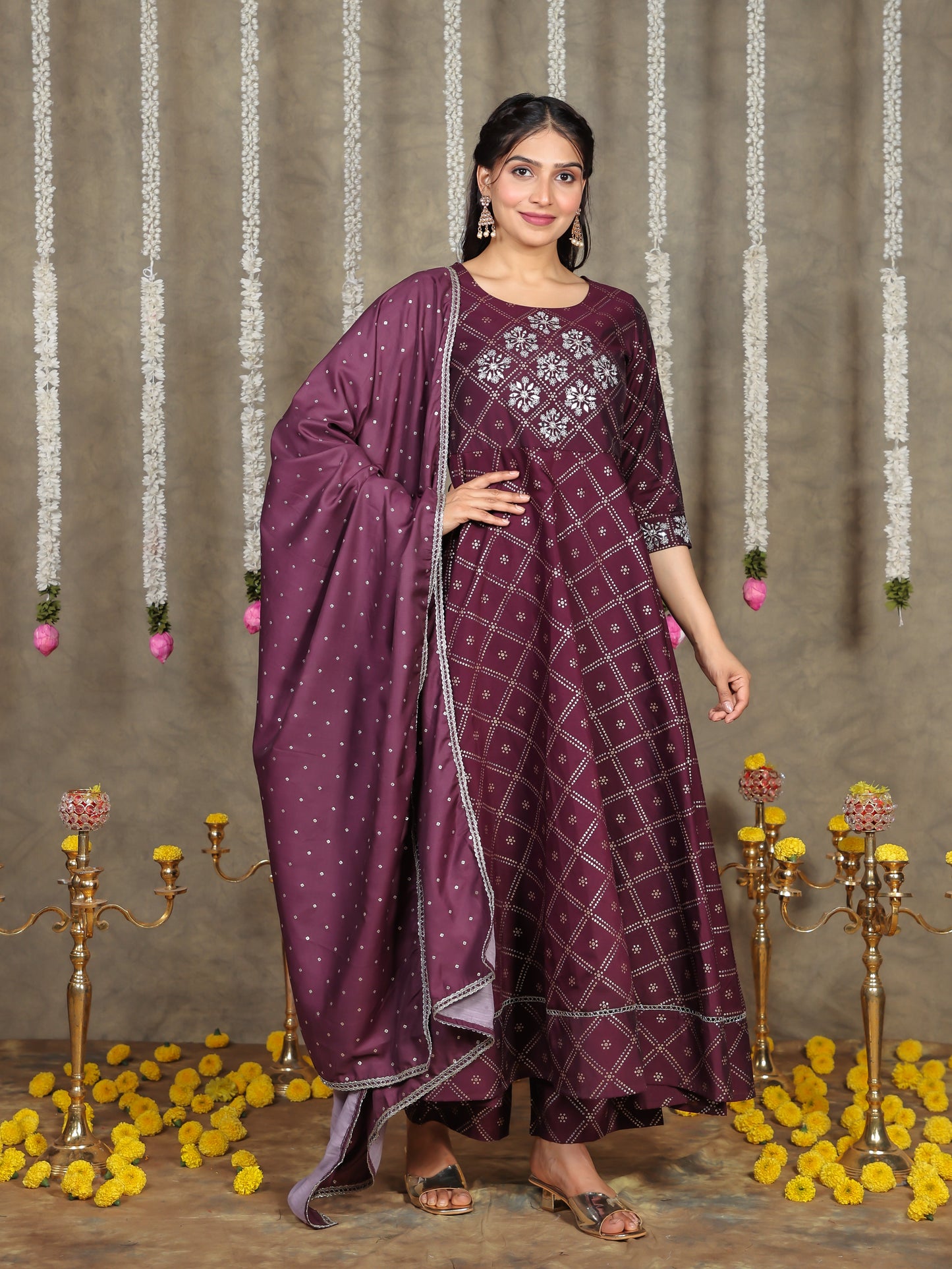 Embroidered Roman Silk Bandhani Flared Purple Kurta