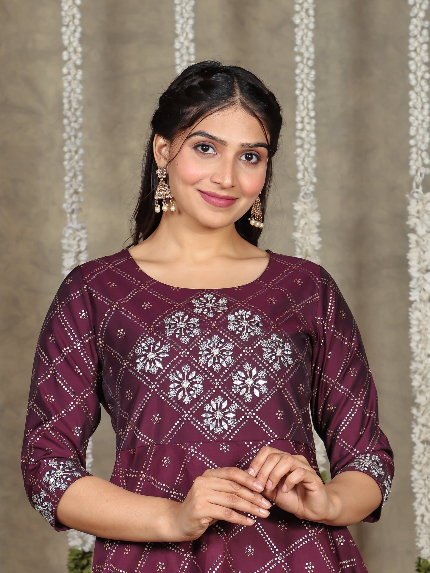 Embroidered Roman Silk Bandhani Flared Purple Kurta