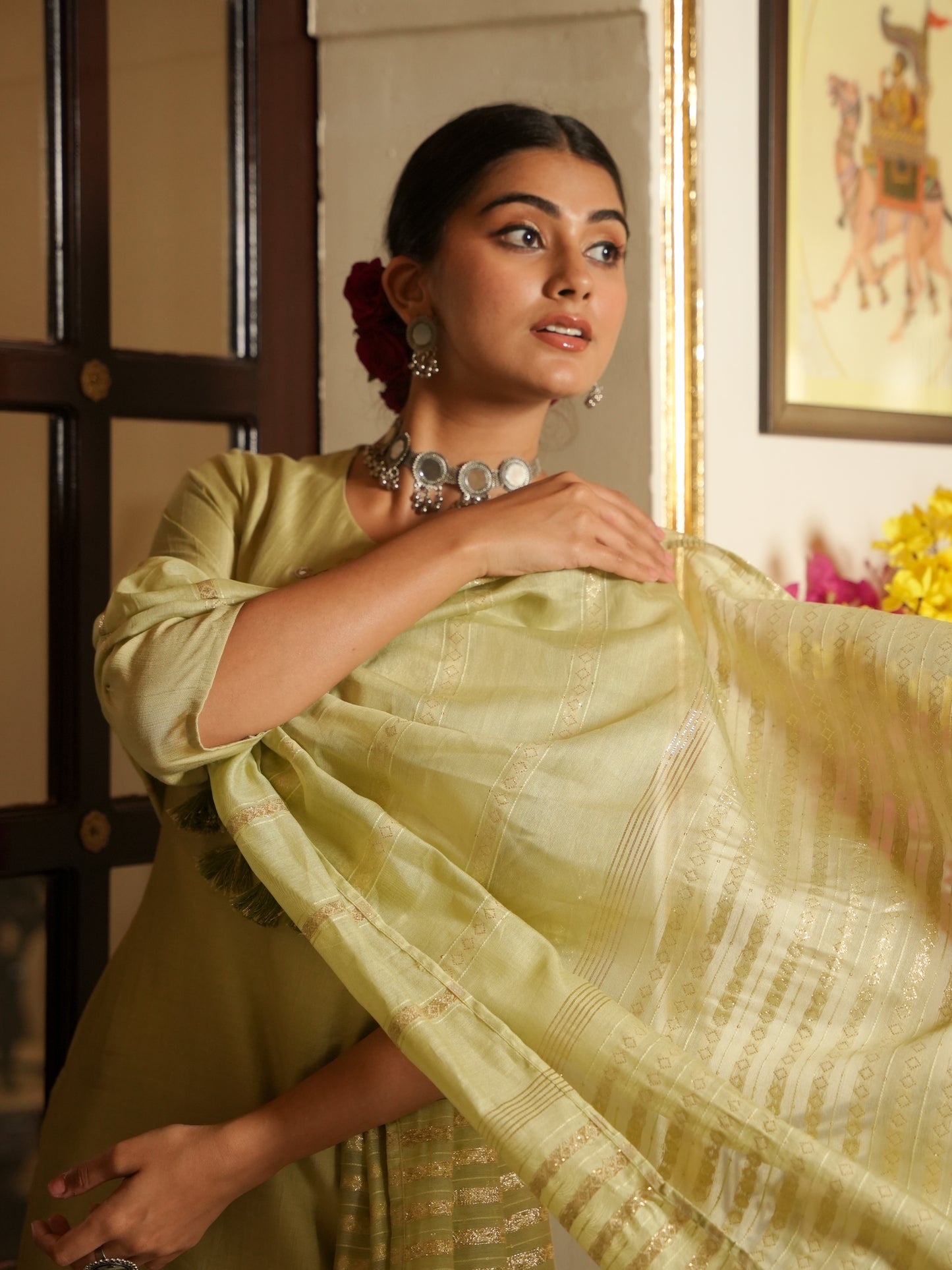 Embroidered Blended Silk Solid Straight Green Kurta