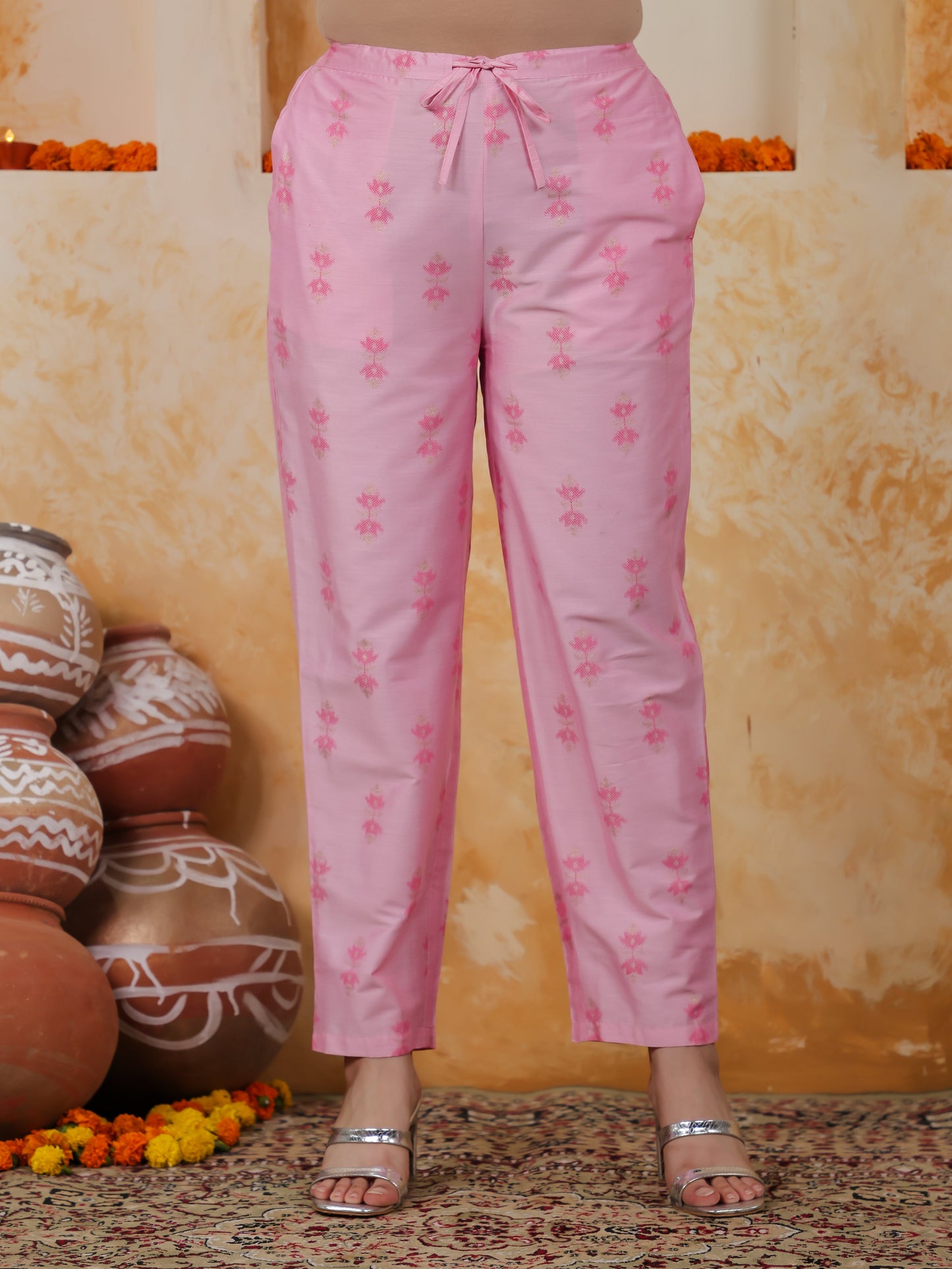 Chanderi Ikat Pink Tapered Tapered Trousers