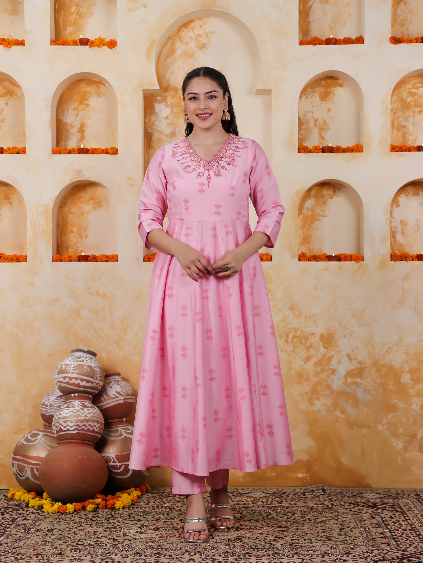 Embroidered Chanderi Ikat Angrakha Baby Pink Kurta