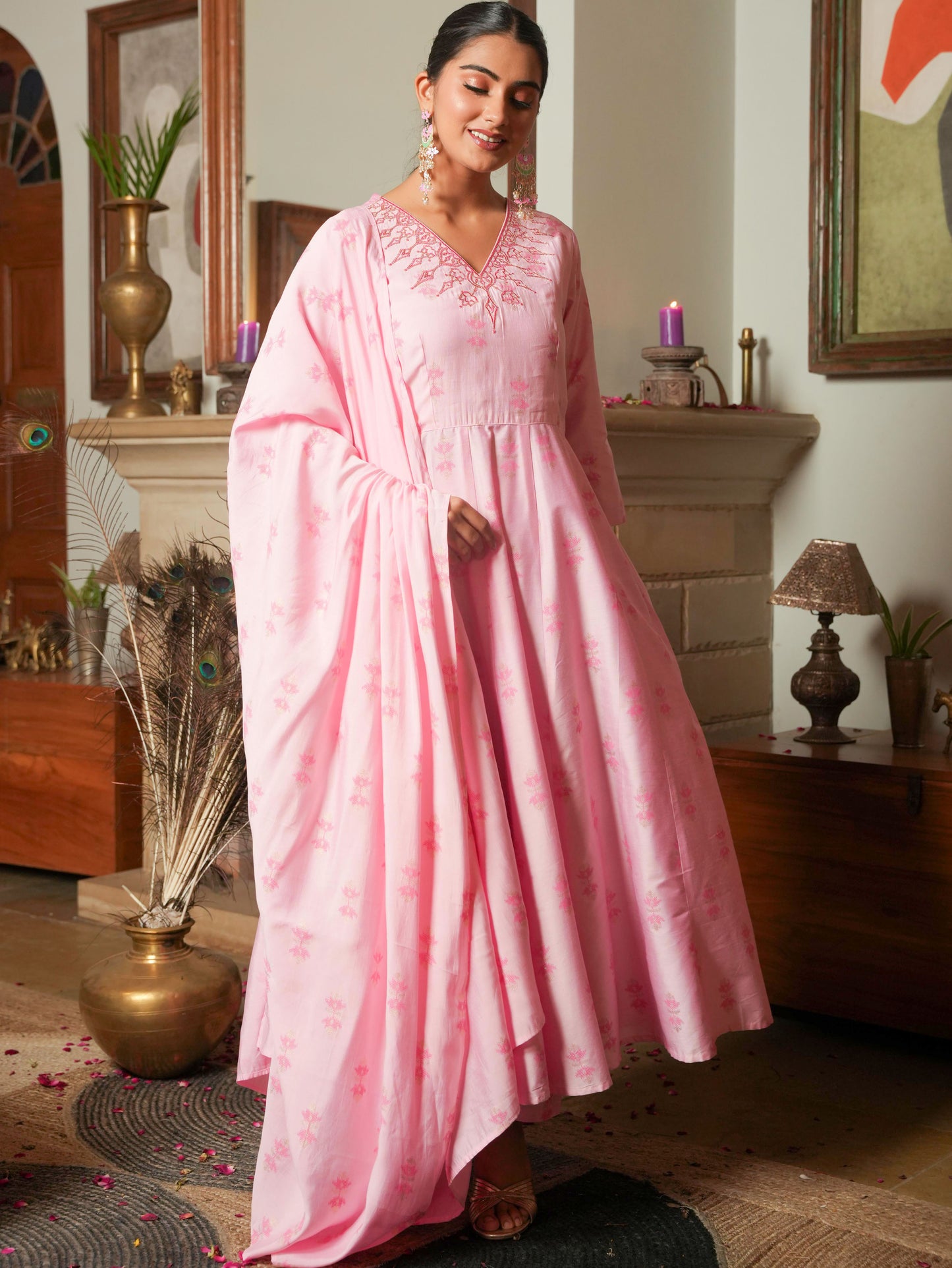 Embroidered Chanderi Ikat Anarkali Baby Pink Kurta