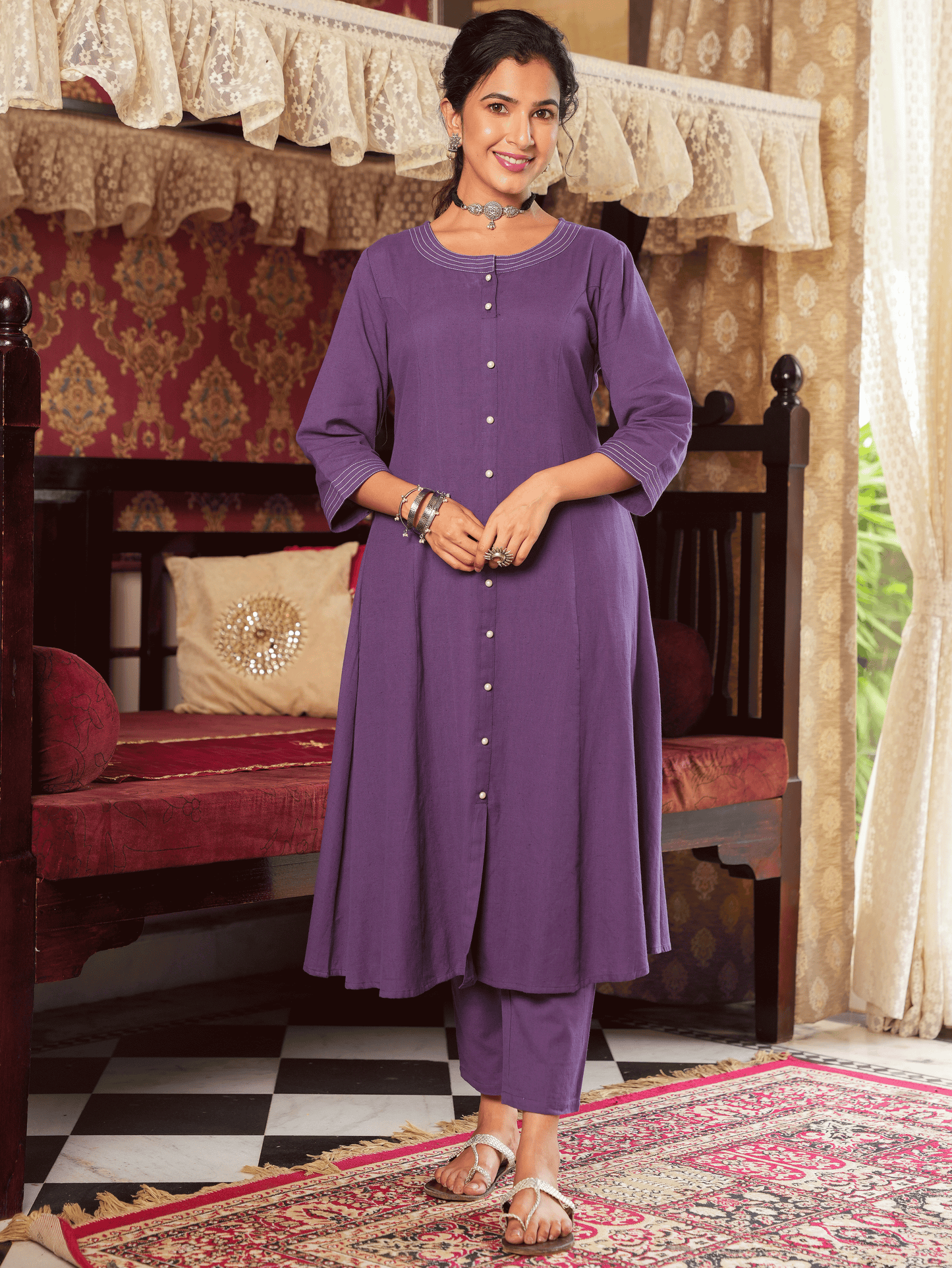 Linen Cotton Solid A-line Purple Kurta