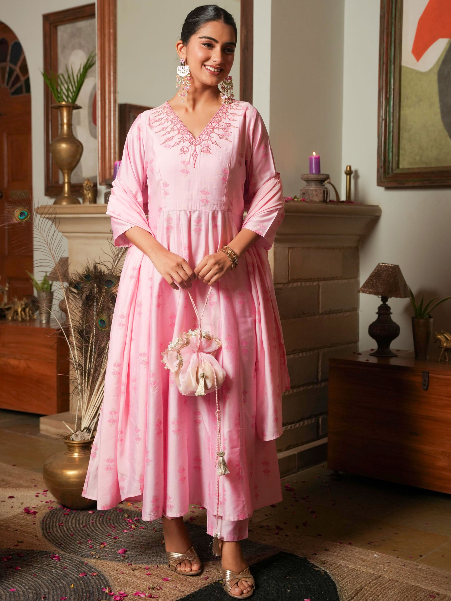 Embroidered Chanderi Ikat Anarkali Baby Pink Kurta