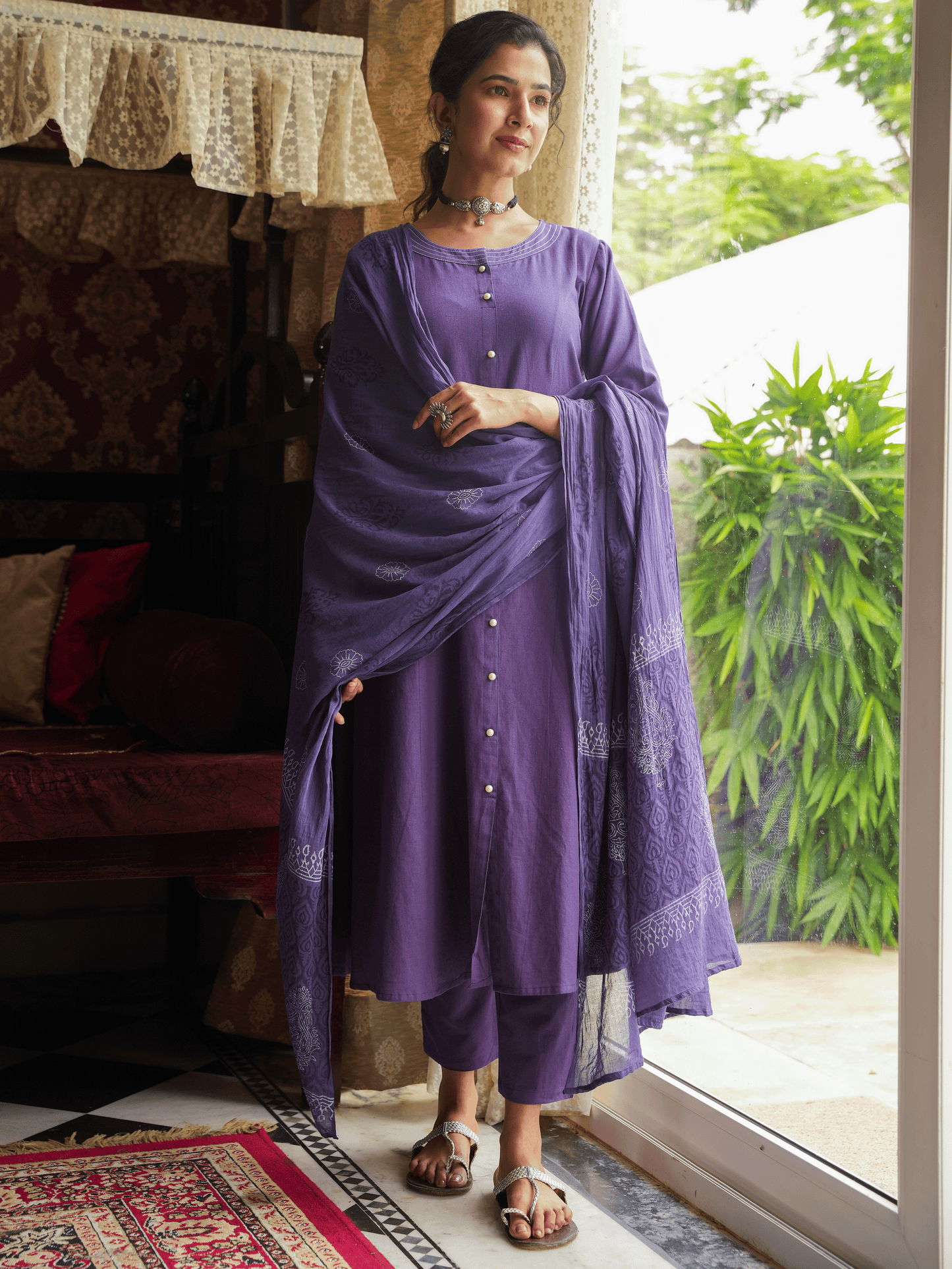 Linen Cotton Solid A-line Purple Kurta