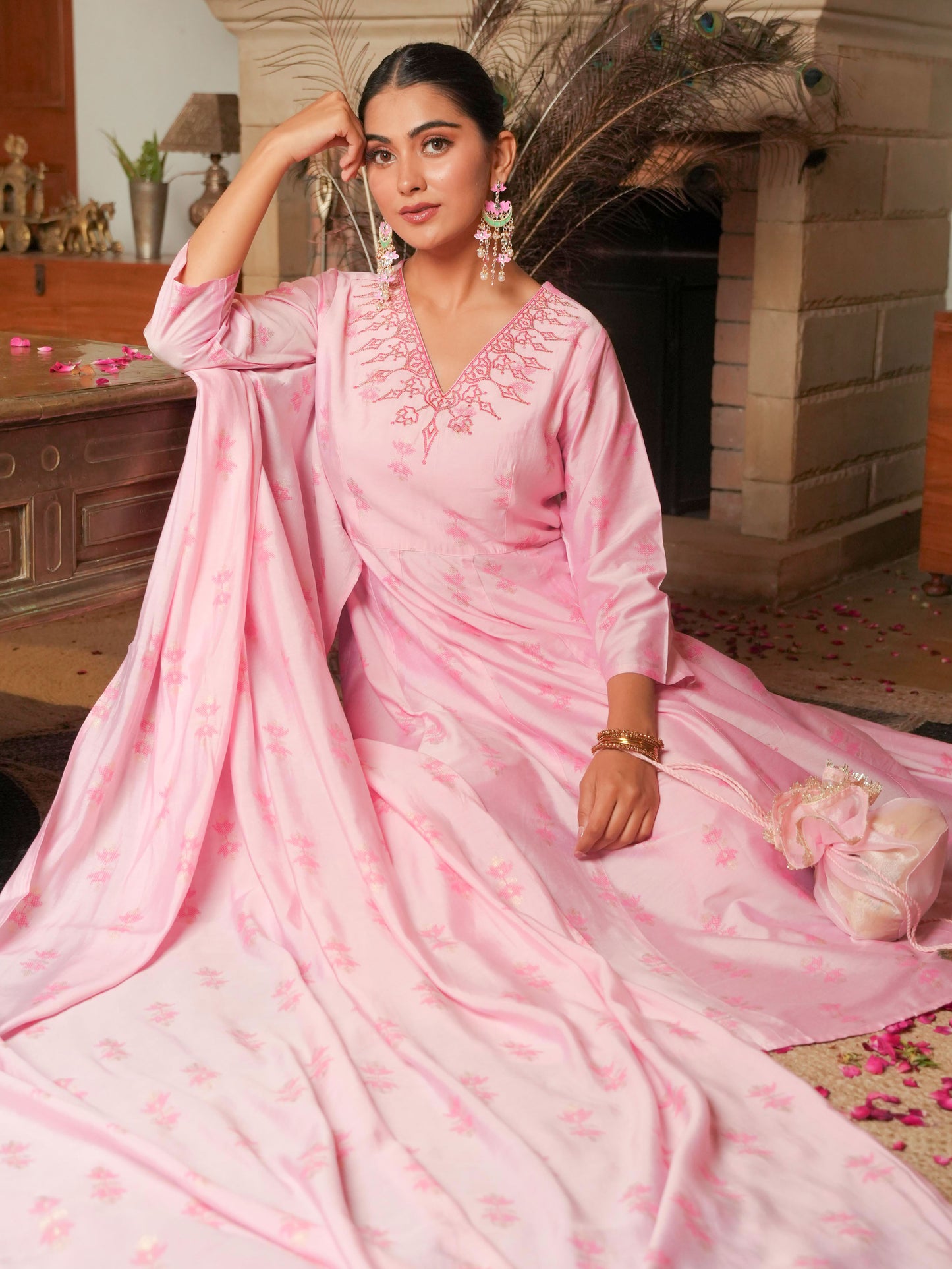 Embroidered Chanderi Ikat Anarkali Baby Pink Kurta